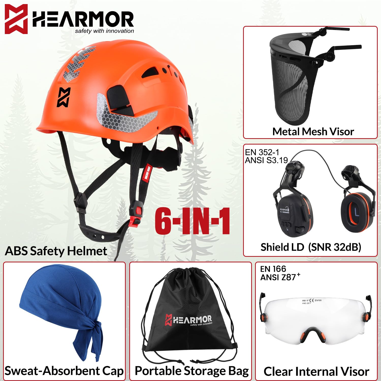HEARMOR VOLTEK - Casco de seguridad para silvicultura (ABS, equipado con Bluetooth 5.3, protección para los oídos LD HM, ofrece una protección completa para la cabeza, los ojos, la cara y el oído, a