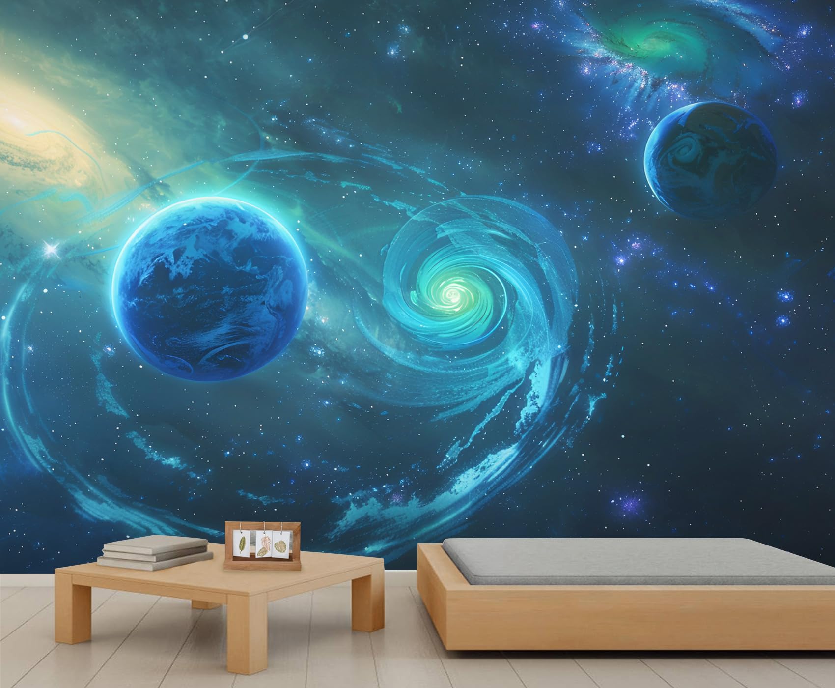 Earth Planet Mural Blue Cosmic Planets Wallpaper Spiral Nebula Wallpaper Mural Sci-Fi Galaxy Starry Sky Murals for Living Room Bedroom Murals Not Peel and Stick 430 x 300 cm