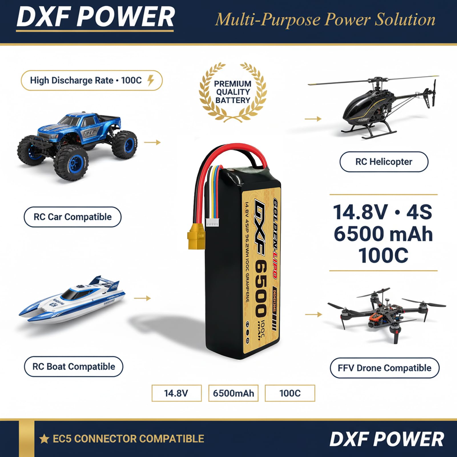 DXF Batteria 4S LiPo 14,8 V 6500 mAh 100 C XT90 – RC Lipo batteria 4S per auto, aeroplano, elicottero, barca, batteria ai polimeri di litio, confezione da 2 pezzi