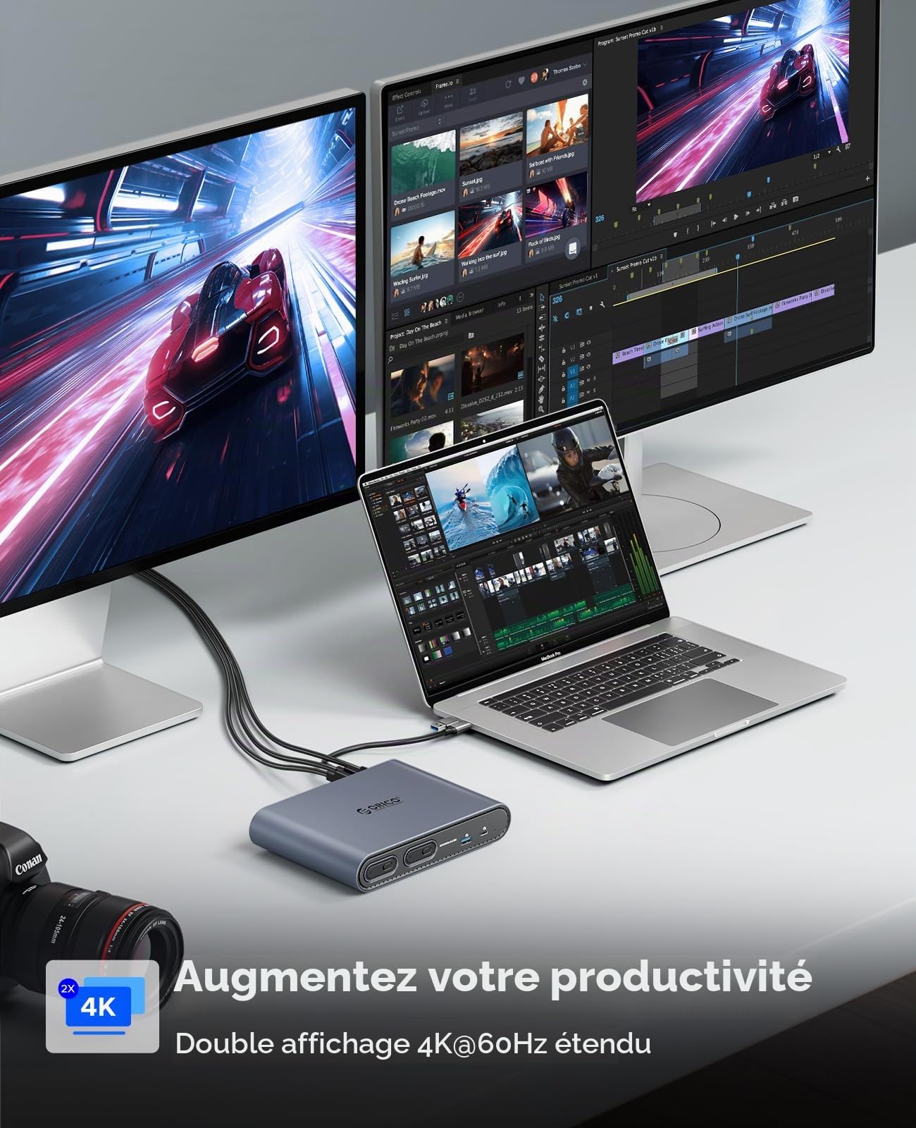 Station d'accueil ORICO 10-en-1 USB-C avec Double Boîtier SSD M.2 NVMe/SATA, USB 10Gbps, Double HDMI 4K@60Hz, PD 60W, RJ45 - pour MacBook Pro/Air (PTM2)