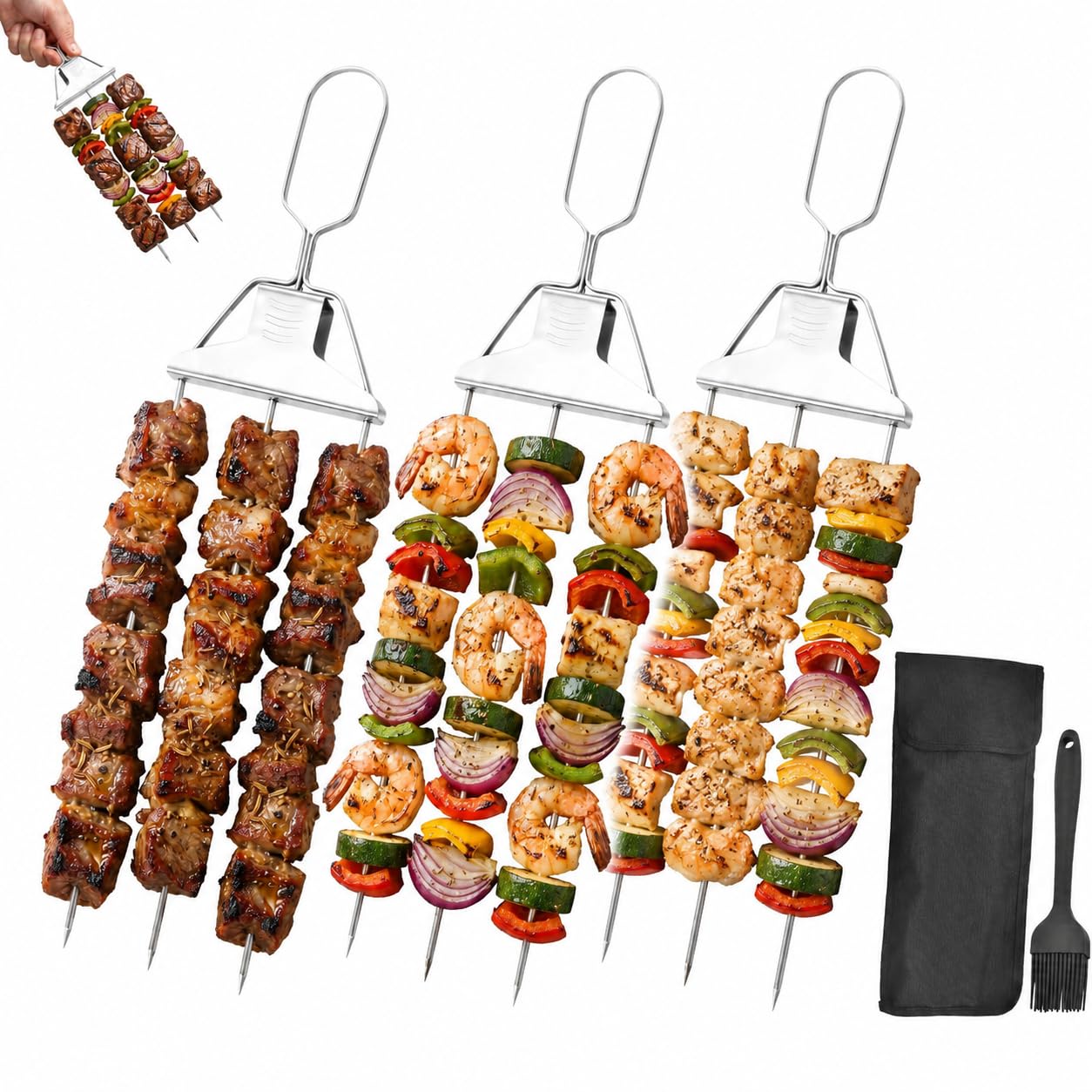 Zestaw szaszłyków do grilla – 2 szpikulce ze stali nierdzewnej do kebabów z 5 akcesoriami do grilla, idealne na kemping, piknik i gotowanie na świeżym powietrzu