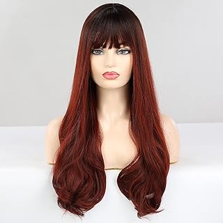 HAIRCUBE Dark Root Long Synthetic with Bangs Wig for Women (Ombre Burgundy)