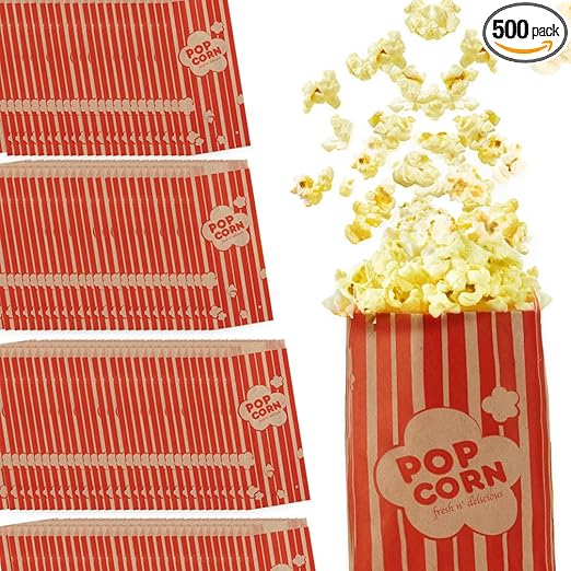 1 oz Paper Popcorn Bags Bulk (500 Pack) Small Kraft & Red Pop-corn Bag Disposable for Carnival Themed Party, Movie Night, Halloween, Popcorn Machine Accessories & Supplies, Individual Servings