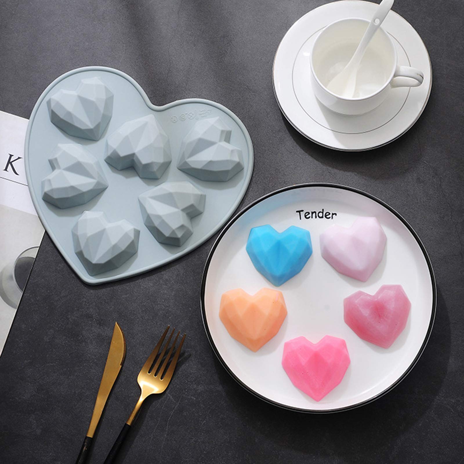 2 stampi in silicone 3D a forma di cuore con diamante, per muffin, brownies, cioccolato, gelatina, budino, sapone, cupcake
