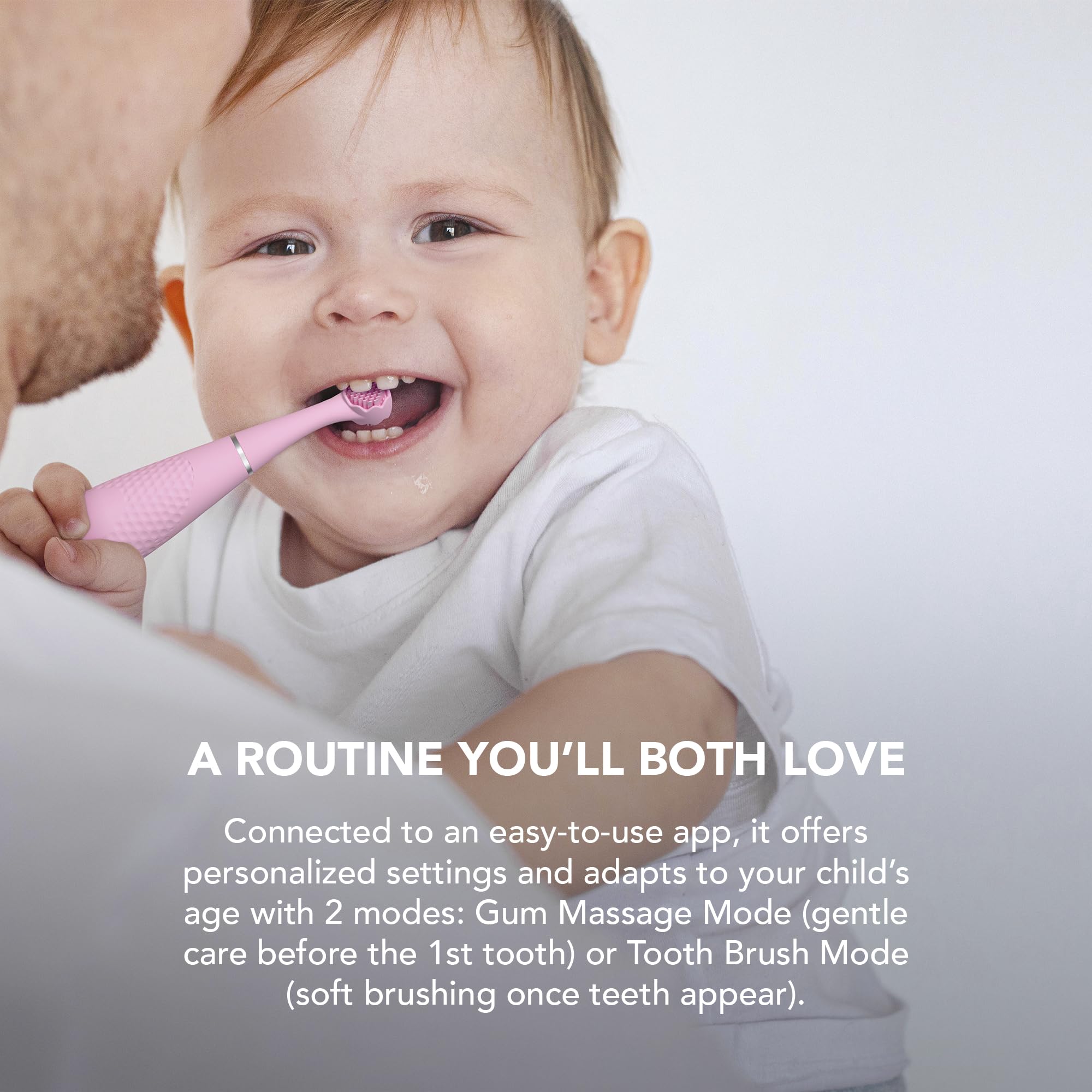 FOREO ISSA 4 Baby – Silicone Sonic Electric Toothbrush Bundle for Babies, 2-Sided Bristles, Fun Smile Feature, Gum Massage, 12 Months of Care with Extra Brush Head, Travel-Friendly - Pearl Pink