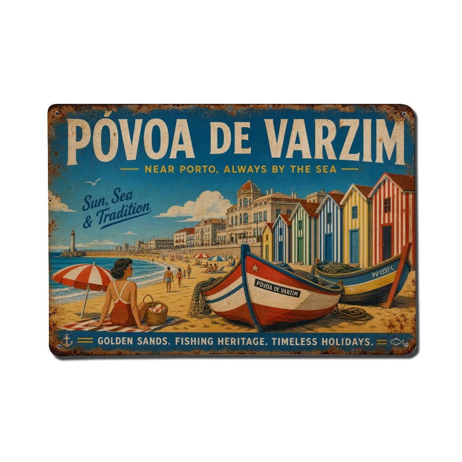 Yrnq 08X12inch Vintage Style Vintage Povoa Varzim Coastal Town Beach Portugal Metal Tin Sign