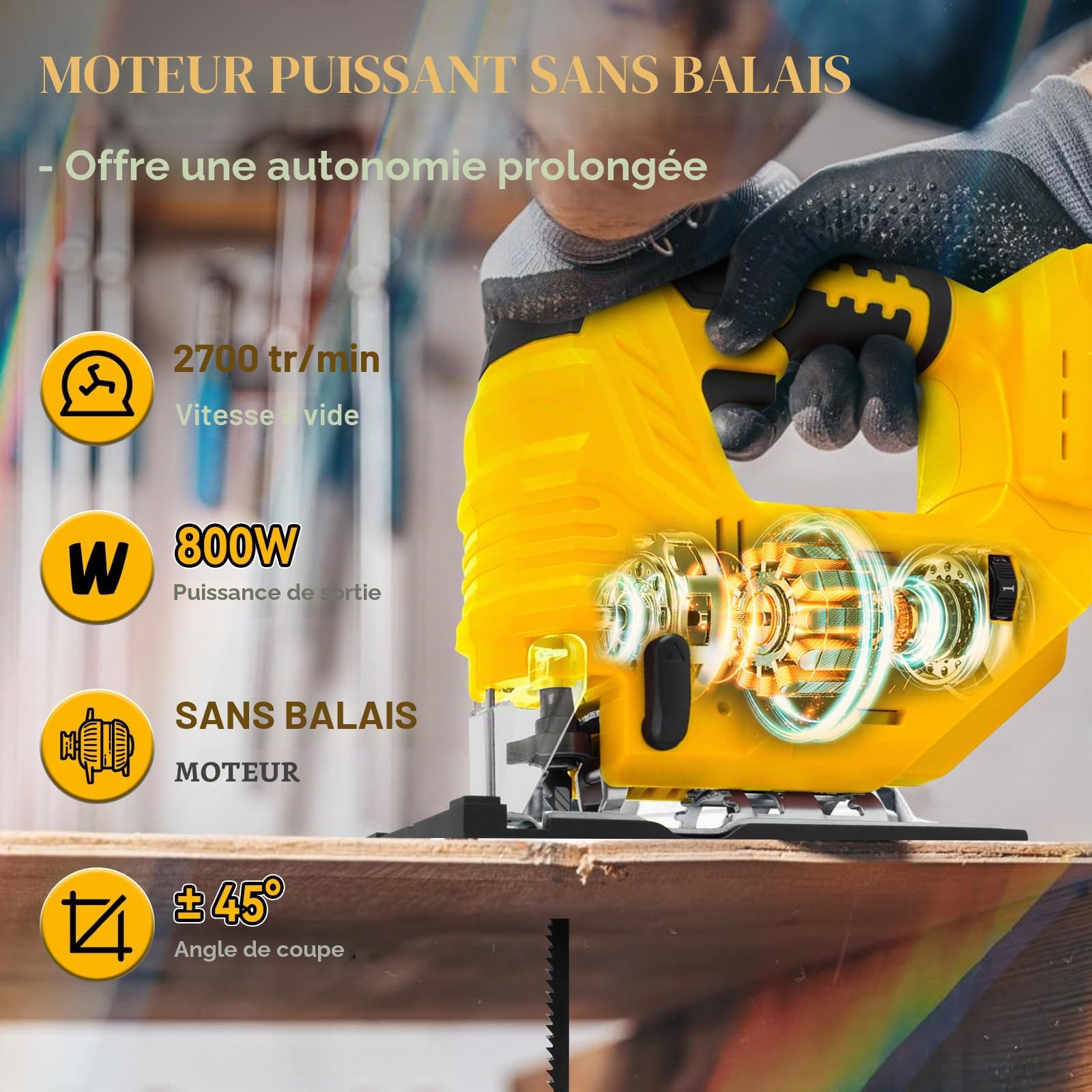 Scie sauteuse sans fil compatible avec batterie Dewalt 20V, outil de coupe de scie sauteuse sans balais 400 W, 2700 tr/min, coupes biseautées à 45° pour des coupes droites/incurvées/circulaires