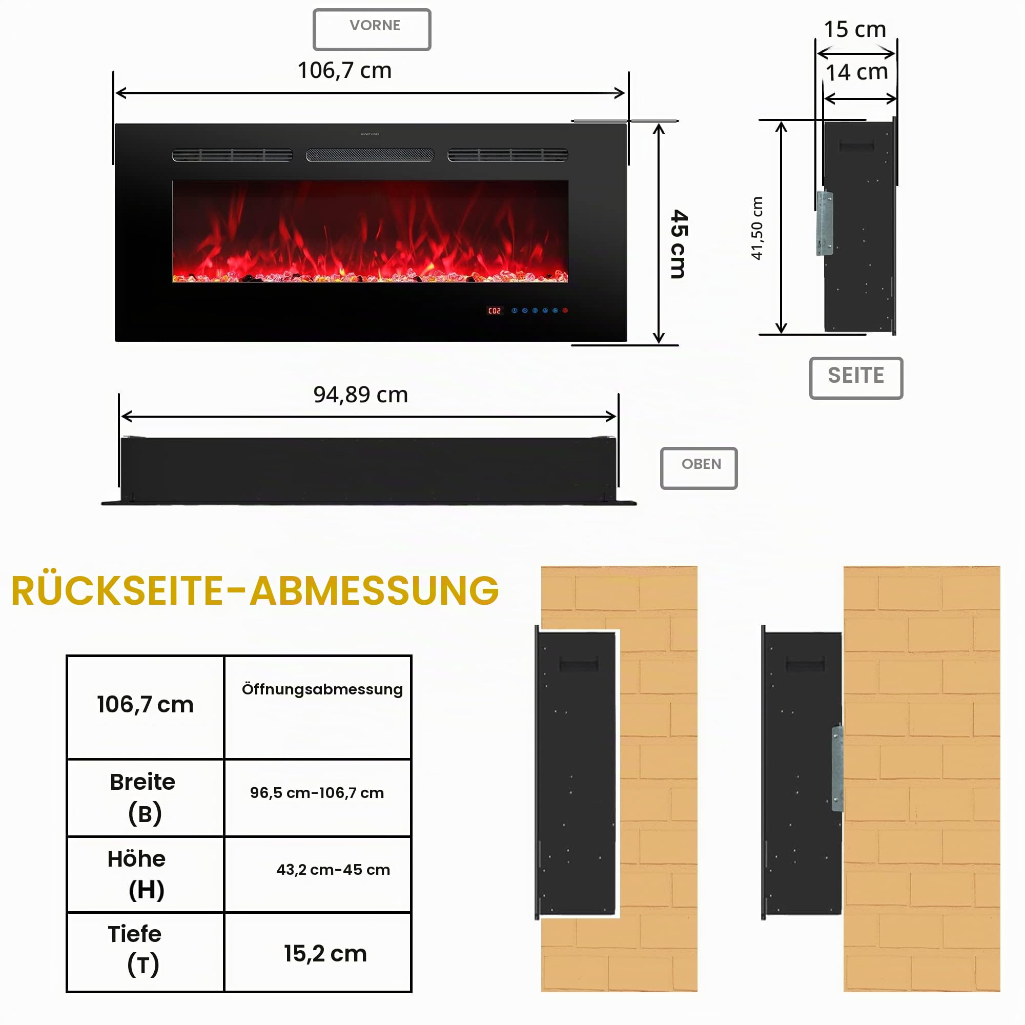 107cm/42 inches Elektrokamin, Einbau- und Wandkaminheizung für den Innenbereich mit Fernbedienung, 13 Farbflammen mit Holz & Kristall, 9H Timer