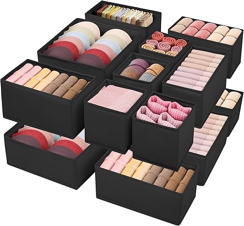 Miniatura 10 de Organizador de ropa con cajones, paquete de 16, separadores de cajones de ropa interior gris de 3 tamaños, organizador de armario plegable de tela,