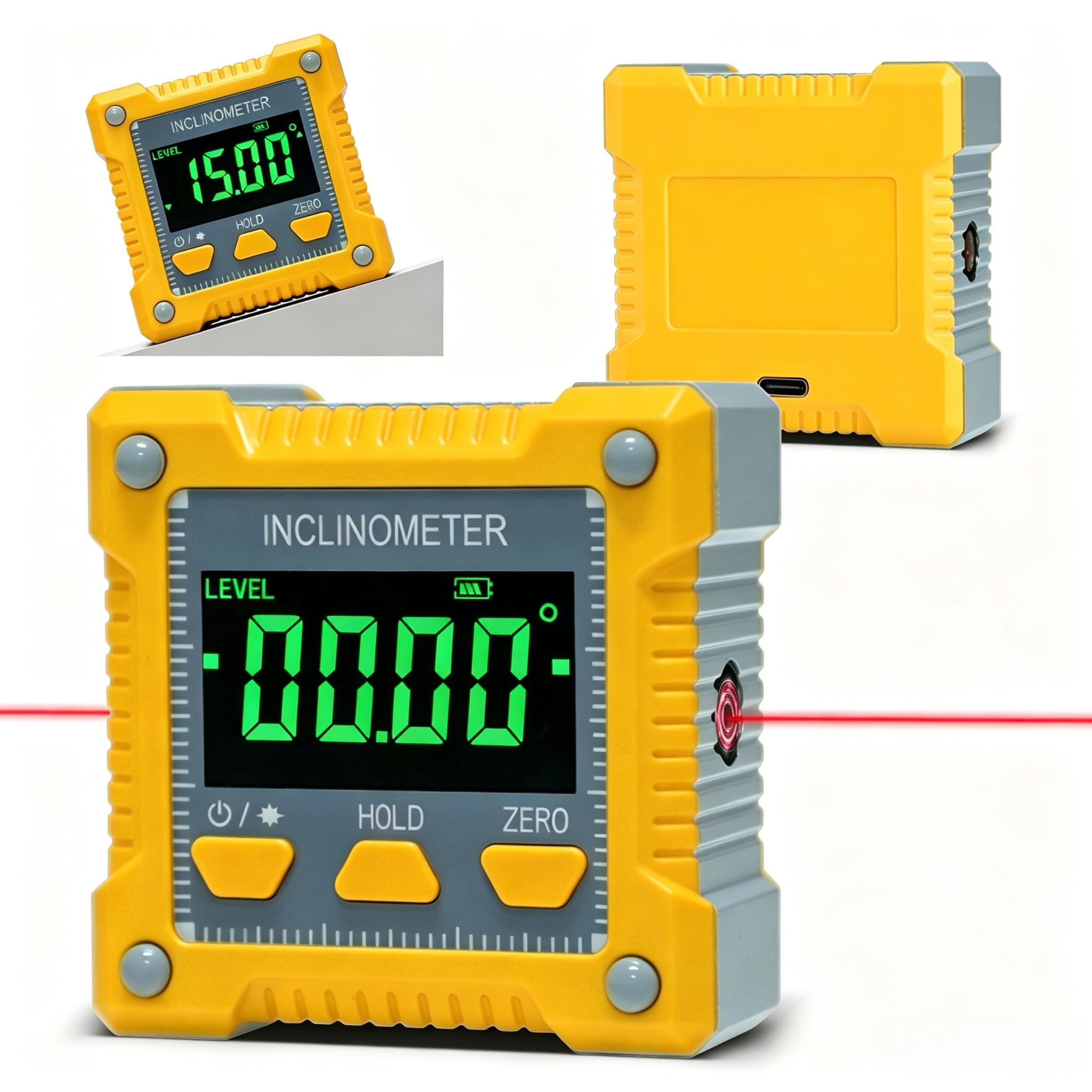 Diseleri Digitaler Laser-Winkelmesser mit Neigungsmesser, Laserwaage | 4-seitige Magnethaftung, staubdicht, hochpräzise & robust – für Bau, Handwerk & Industrie – Gelb