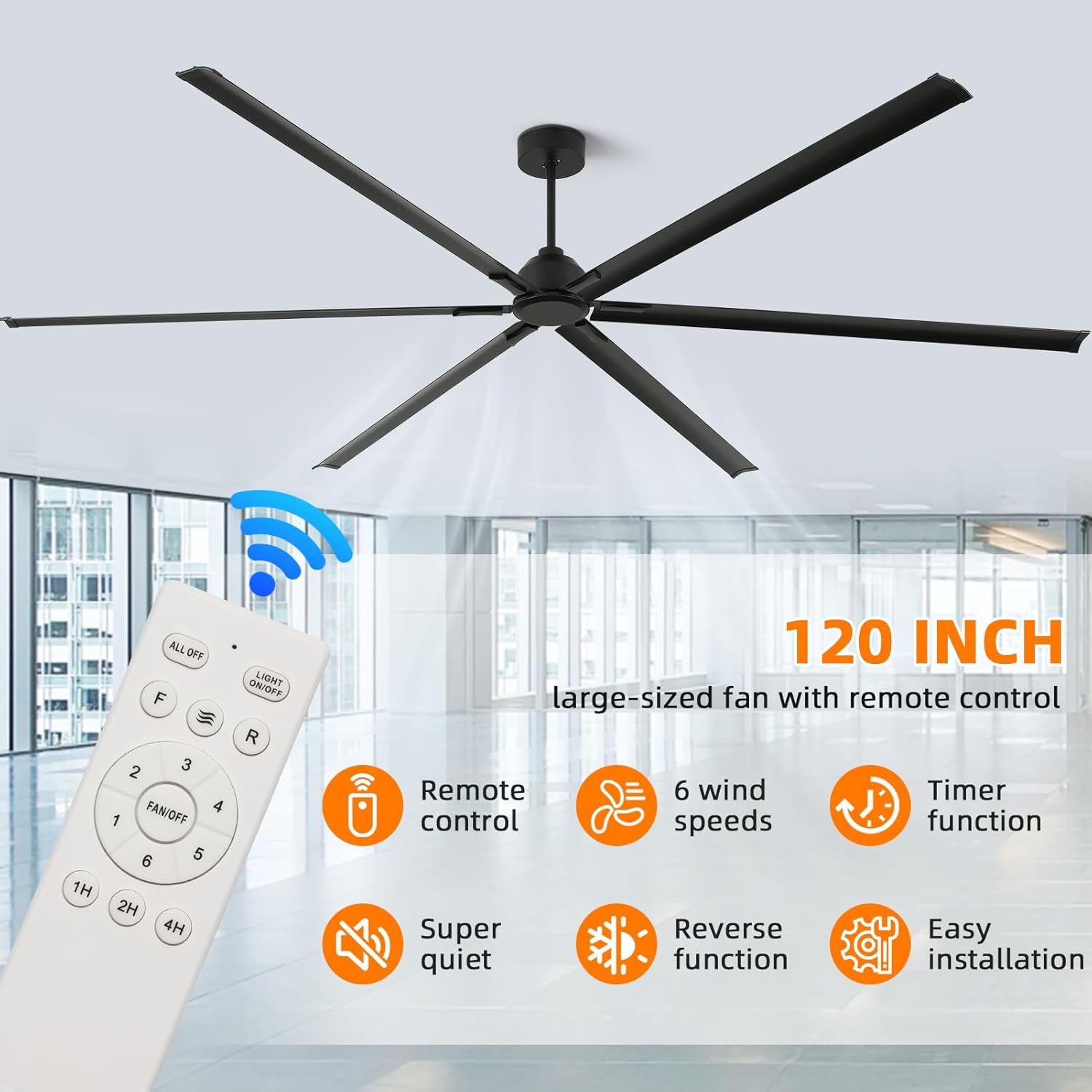 120 Inch Large Ceiling Fan, HVLS Commercial Fan with DC Reversible Motor, 6-Speed Industrial Fans Heavy Duty, Aluminum Blades, Timer, 10/20/40 Inch Downrods for Shop/Gym/Warehouse/Barn (120 inch)