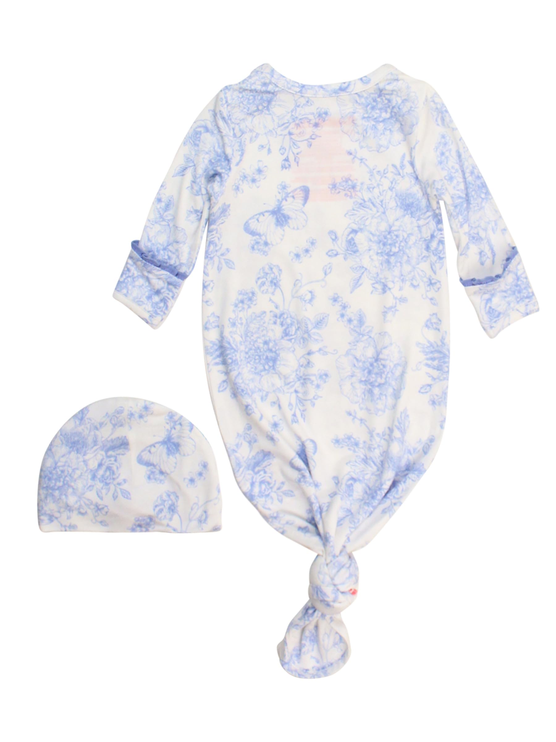 RuffleButts Newborn Baby Girls Ruffle Knotted Sleep Gown & Hat Set - Periwinkle Blue Butterfly Garden Toile, Newborn-3m