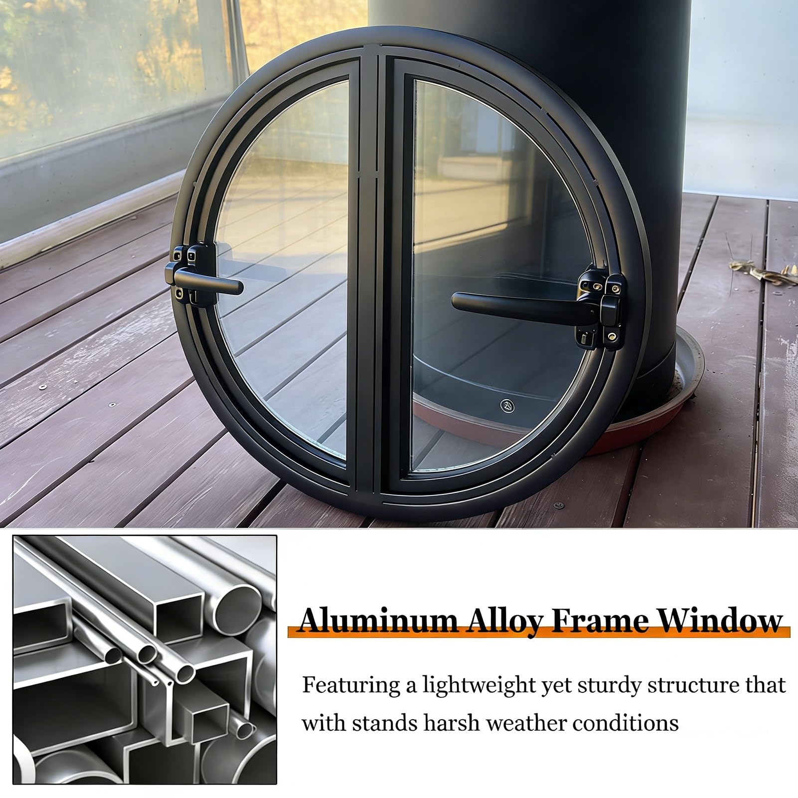 Ventana Ventana abatible Redonda, Ventana de Repuesto de Doble Apertura con Vidrio Templado, Ventanas Decorativas empotradas para baño, Sala de Estar, Hotel, cafetería(Black,52 cm/20.5 in)