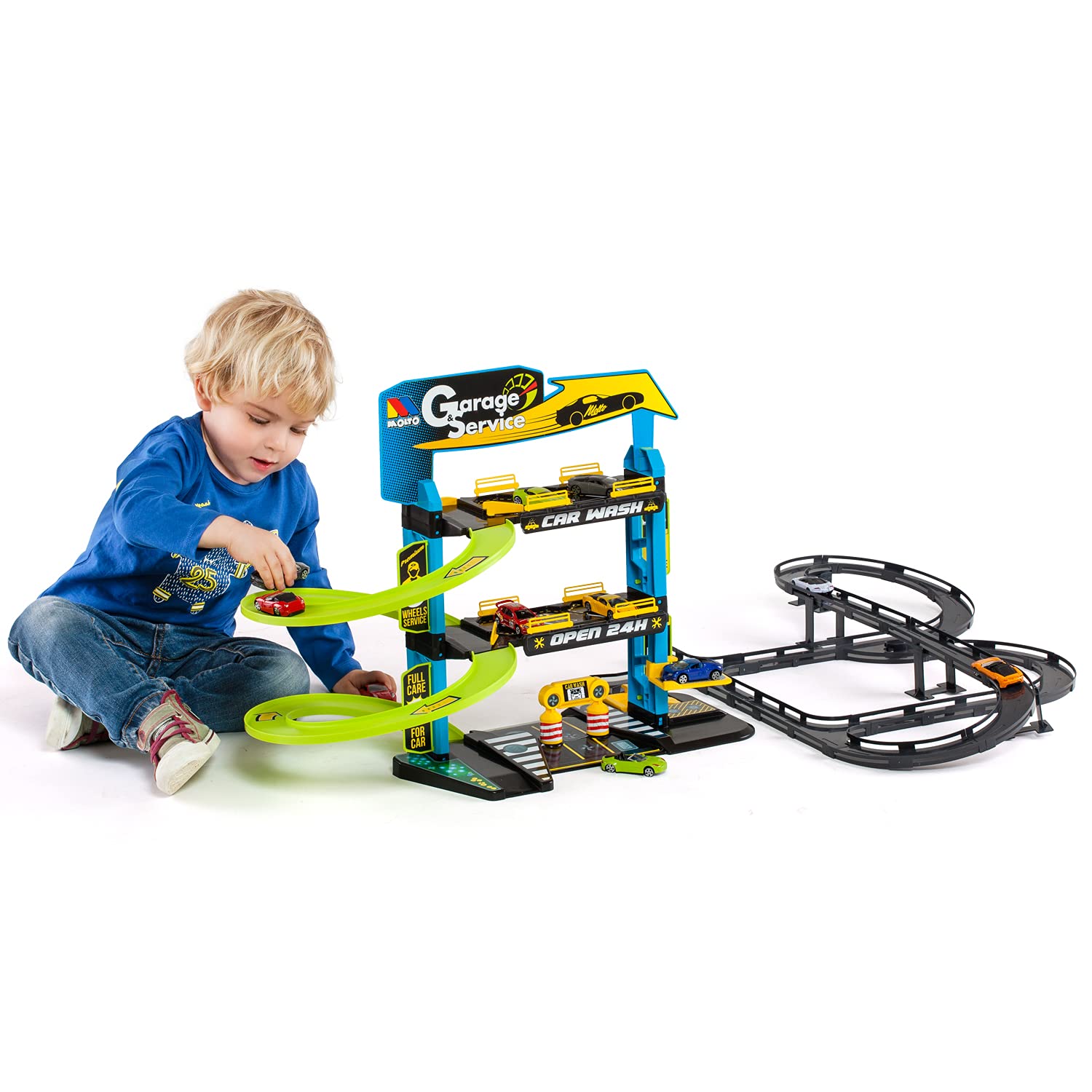 MOLTO | Parking pour Enfants à 3 Étages avec Accessoires et Piste Extérieure, Parking pour Jouets, Piste pour Voitures, Jouets pour Enfants + 3 Ans, Garage pour Voitures