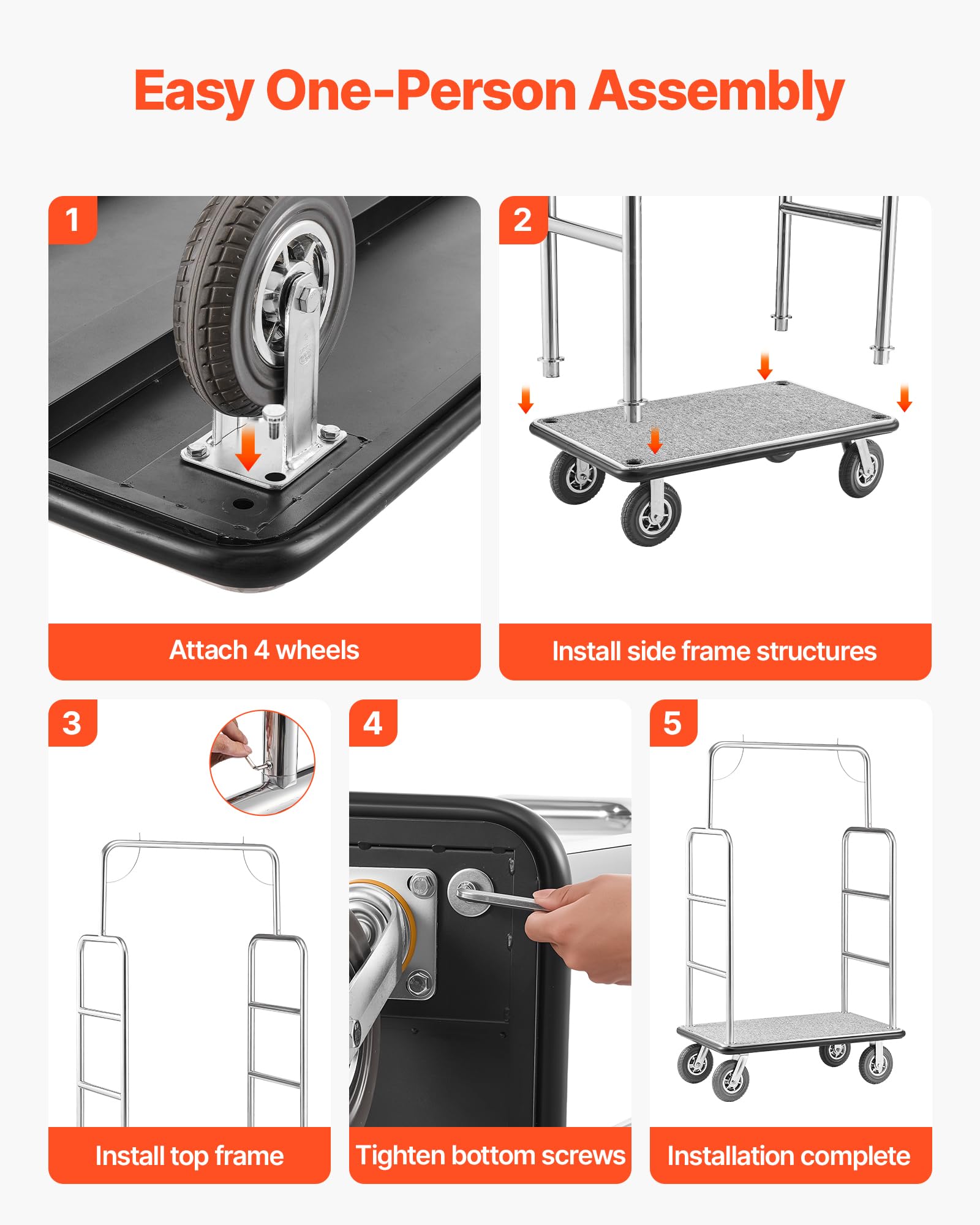 VEVOR Chariot à Bagages Hôtel, 544 kg, Chariot à Plate-Forme de Concierge, Finition INOX Brossé, avec Moquette Grise, Roues Caoutchouc 20,32 cm, Porte-Bagages pour Hôtels, Condos, Complexes Hôteliers