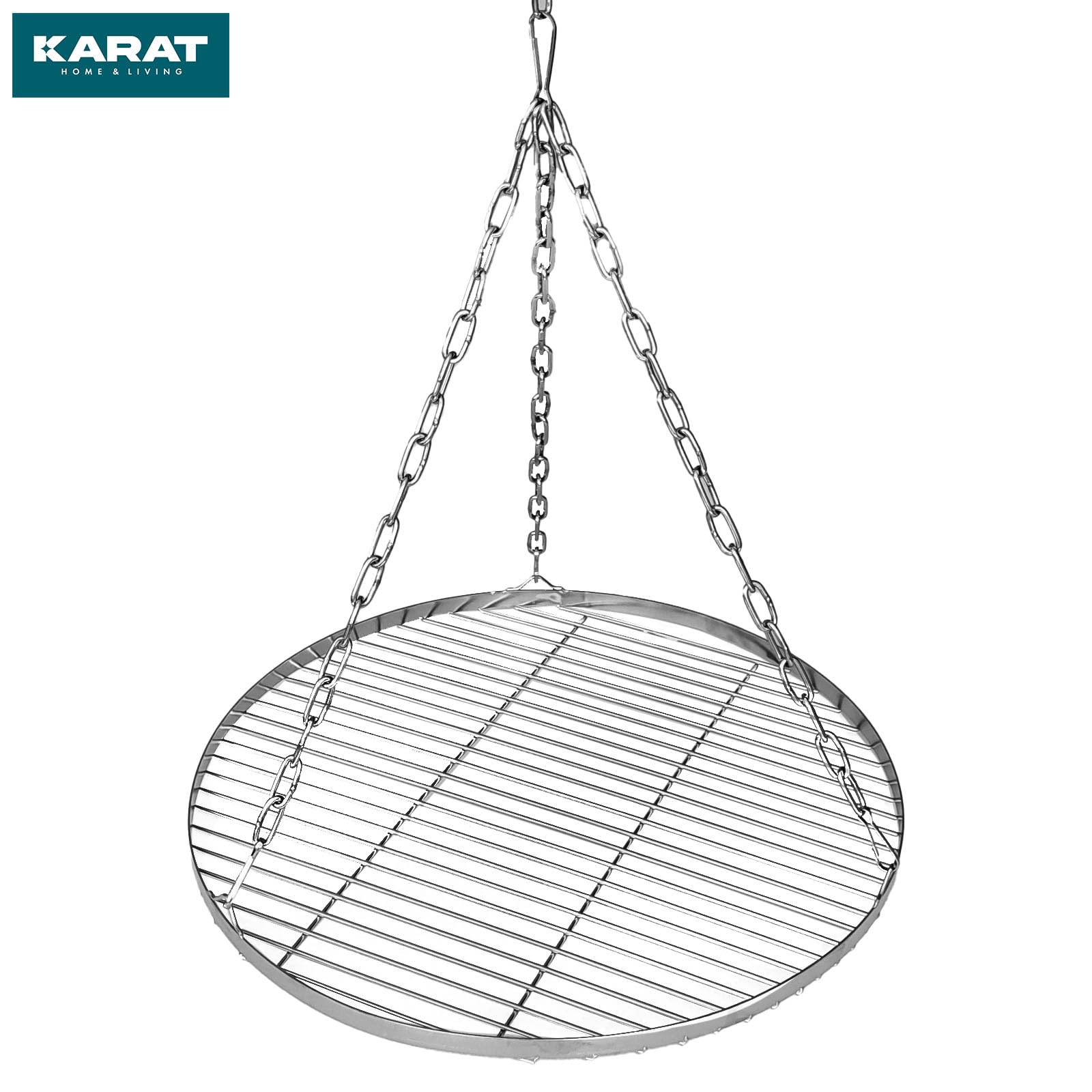 KARAT Grillrost Ø 60 cm mit Kette für Schwenkgrill, Dreibein Grill Rost, BBQ, rostfrei für Holzkohlegrill, 14mm Stababstand