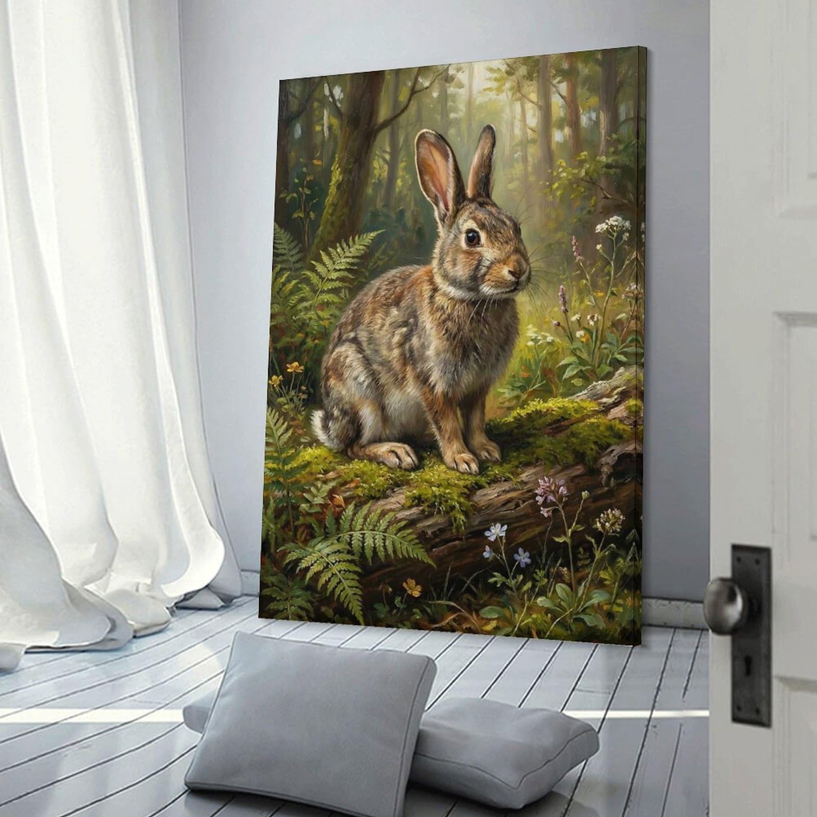 Junmoney Rabbit in Forest Painting Hanging Wall Art 08x12inch(20x30cm), for Study, Office Or Focused Interiors, Wall Art That Adds Style to Work Areas