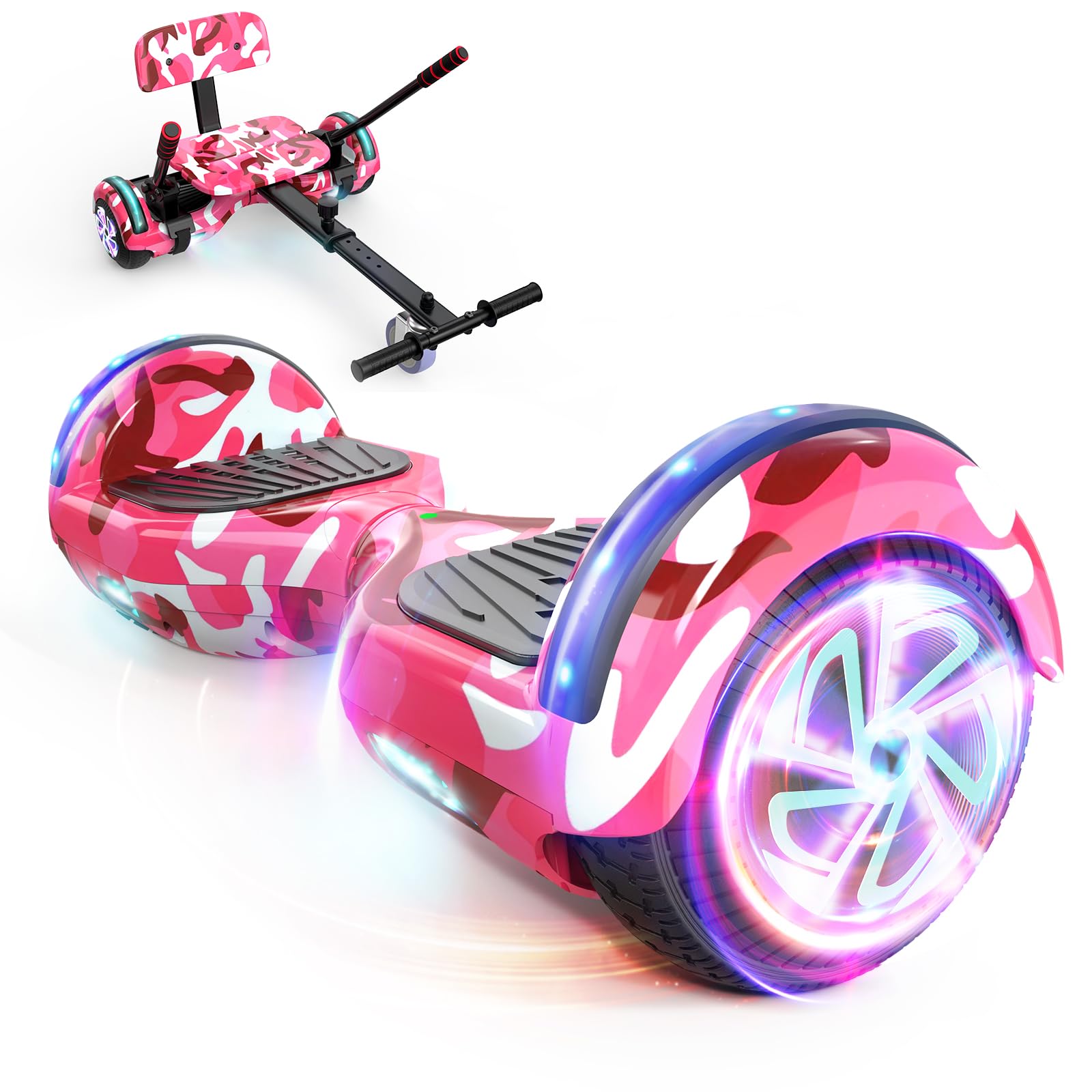 SISIGAD Hoverboard con Kart, Go Kart 6,5 pollici, Hoverboard All Terreno Auto-bilanciato con Altoparlanti Bluetooth e Luci LED, Regalo per Bambini, Rosa Camouflage