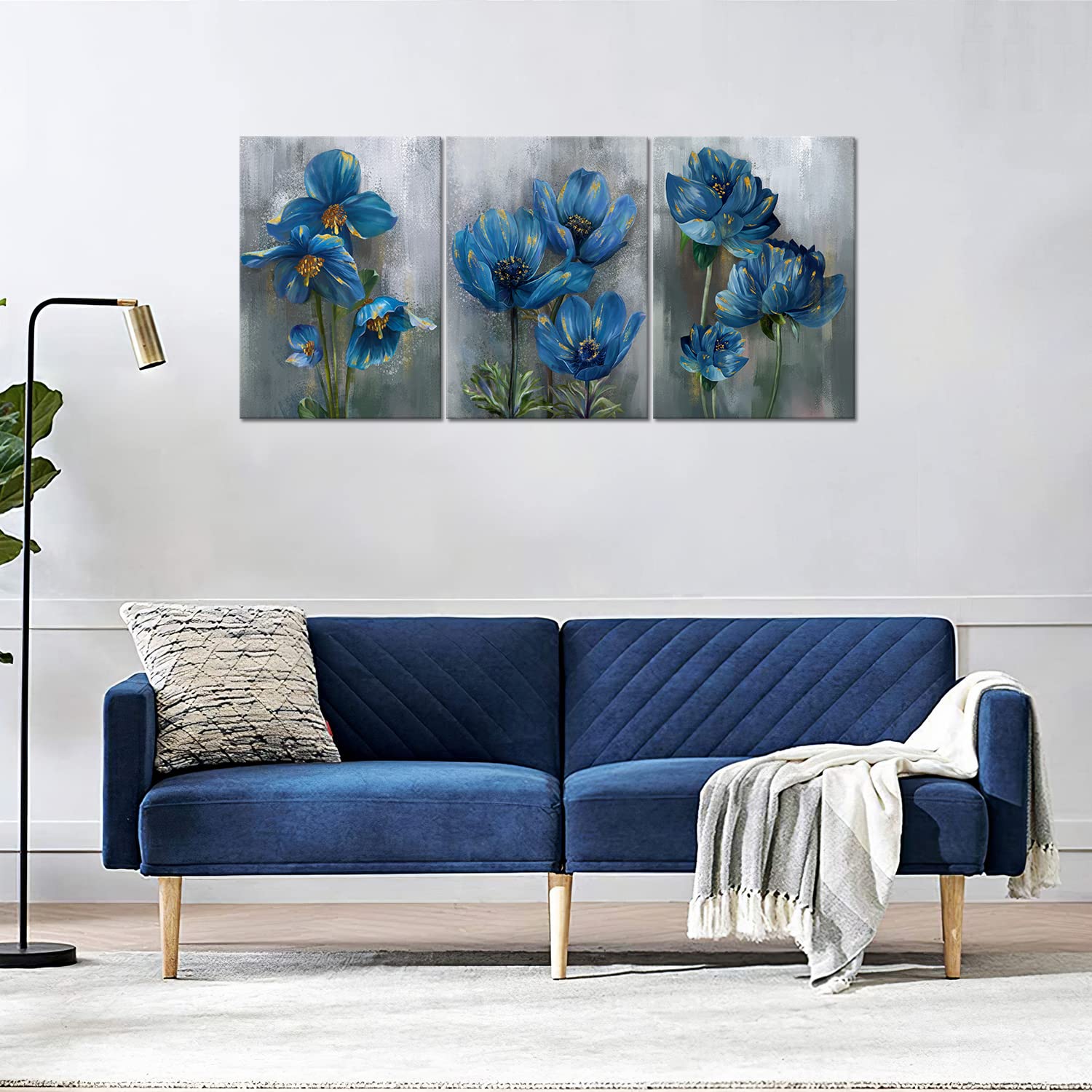 Stampa Su Tela Floreale Blu E Bianca - Quadro Moderno 50x70 Cm Con Fiori Su Sfondo Grigio, Decorazione Da Parete Per Soggiorno E Camera Da Letto - 3