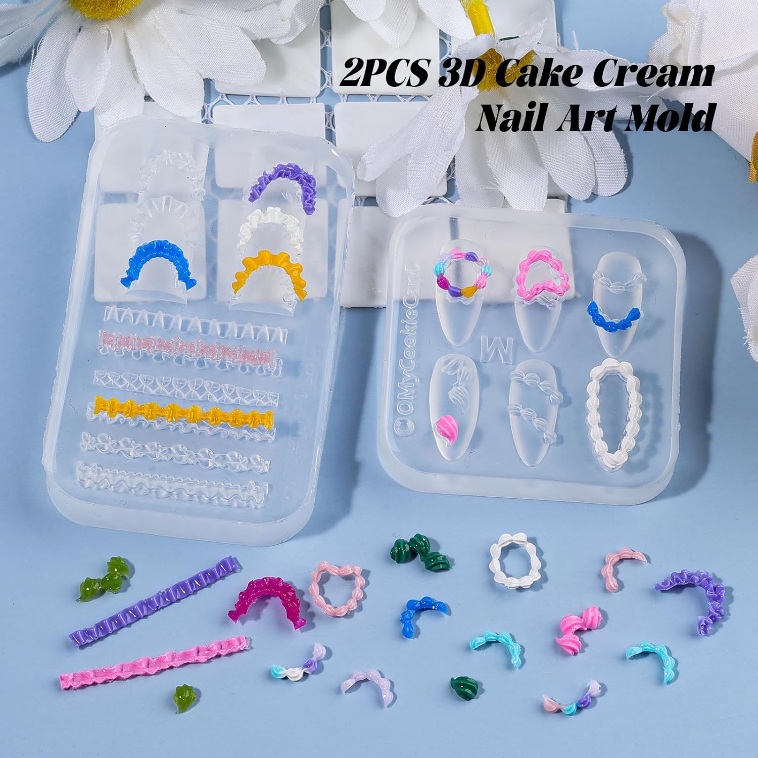 2 Pcs Cream Silicone Nail Molds, 3D Cake Icing Nail Art Mould with Embossed Piping Designs for Gel & Resin, Heart Lace Charms Clear Modeling Templates Nails Mold for Home Salon, Birthday & DIY Craft