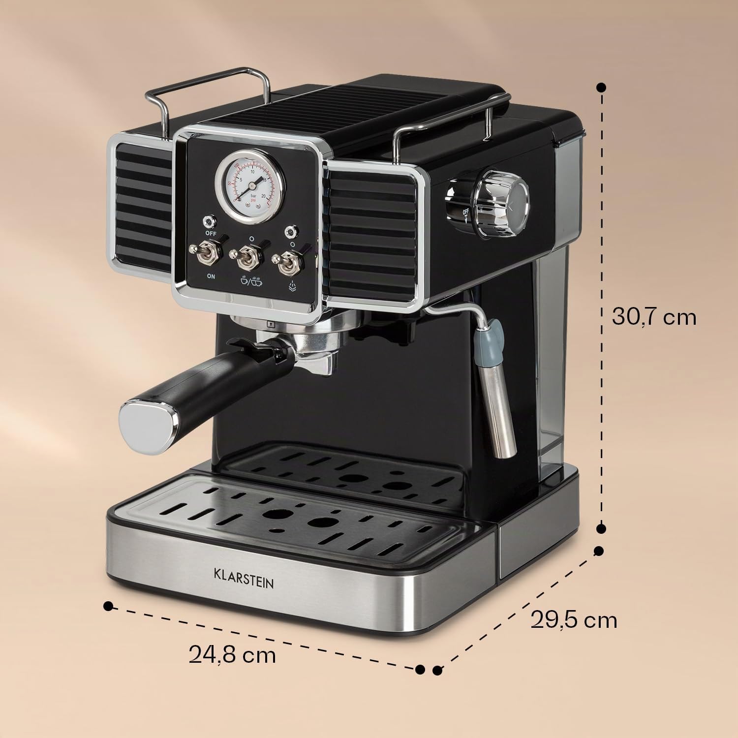 KLARSTEIN Gusto Classico - Cafetera de espresso, Potencia 1350 W, Presión bomba 20 bar, Depósito agua 1,5 L, Boquilla de espumado de leche, Barómetro, Filtro de aluminio para cápsulas de café, Negro