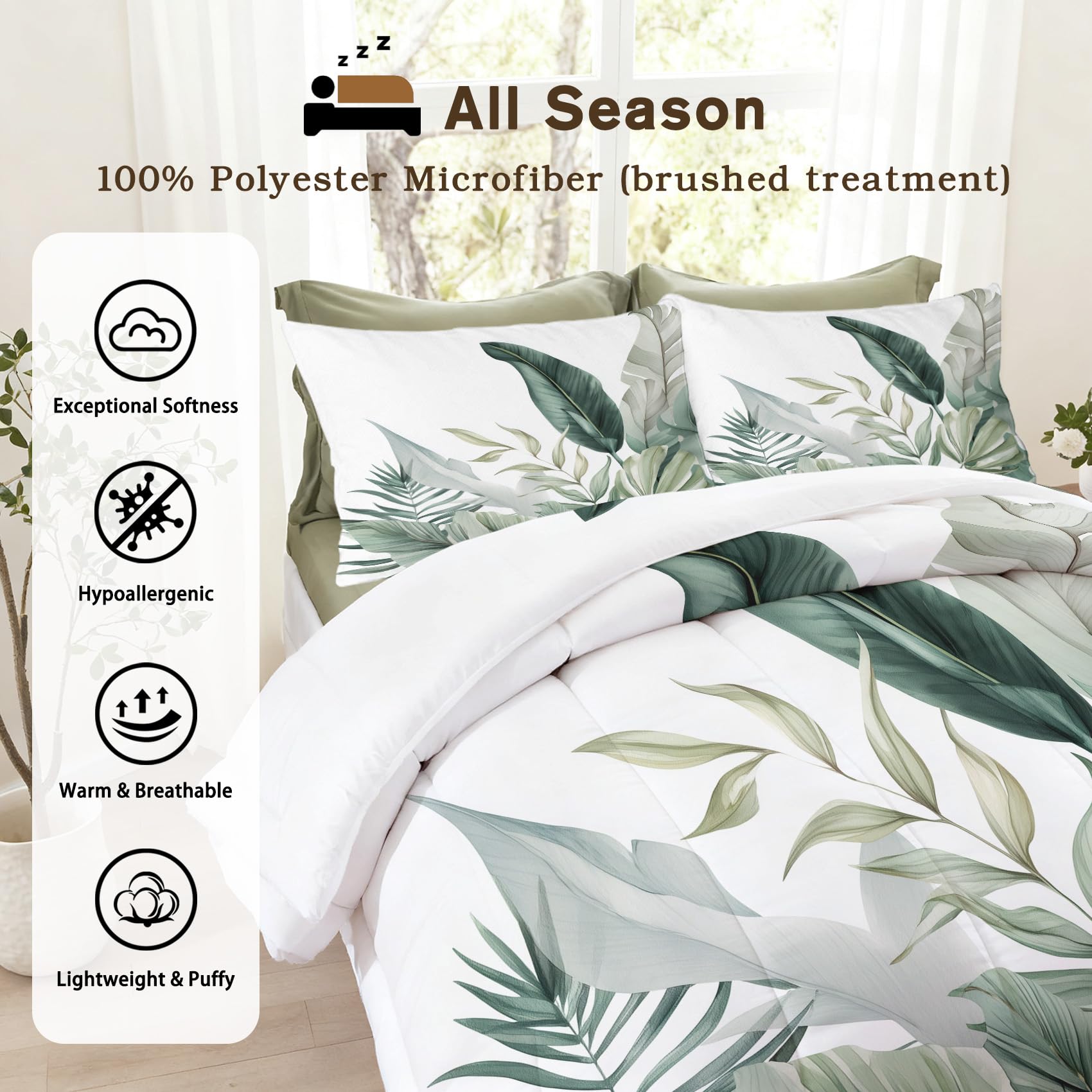 Couette 260x240 Imprimée Feuille Tropical - 4 Saisons, Couette 2 Personnes Feuillage Vert, 2 Taies d'oreiller 65x65, Décoration - Edredon Microfibre Douce sans Housse #r393