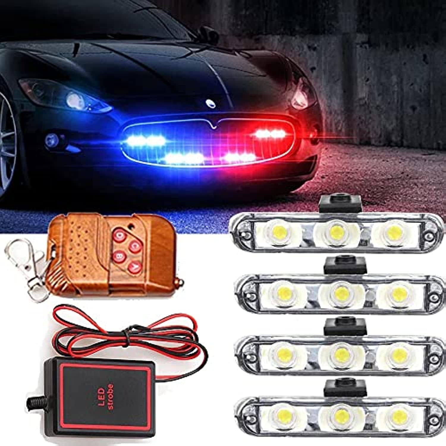 Miwings 3x4 LED DRL Light with Wireless Remote for Car SUV Truck Ambulance Police Cop Light Auto Strobe Warning Light Flashing Firemen Lights (3x4 LED Police Light), RED/Blue