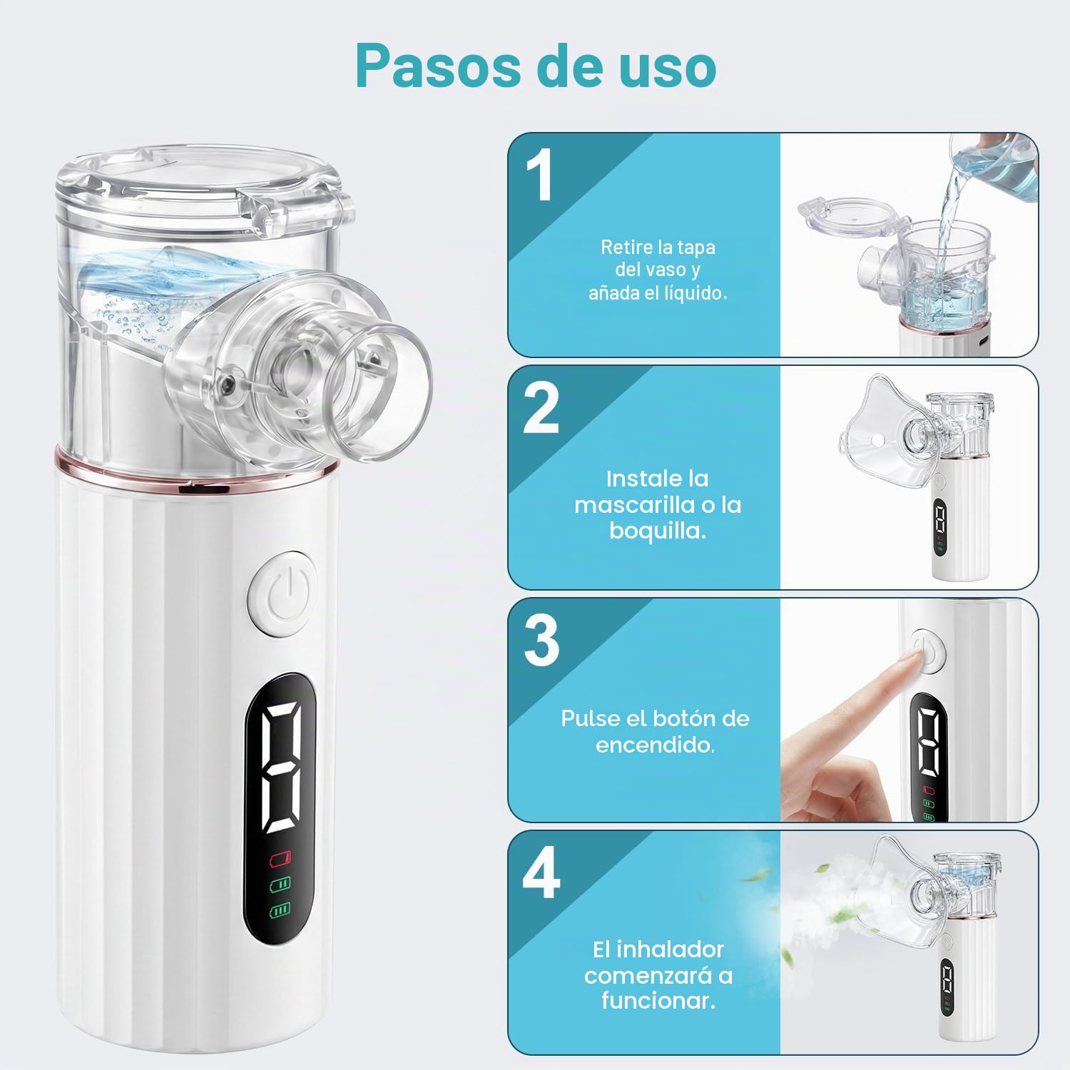 Humidificador Portátil Silencioso para Adultos y Niños, Dispositivo Recargable con 2 Mascarillas y Boquilla, 2 Modos Ajustables, Pantalla LED, Diseño Compacto para Viajes y Uso Diario