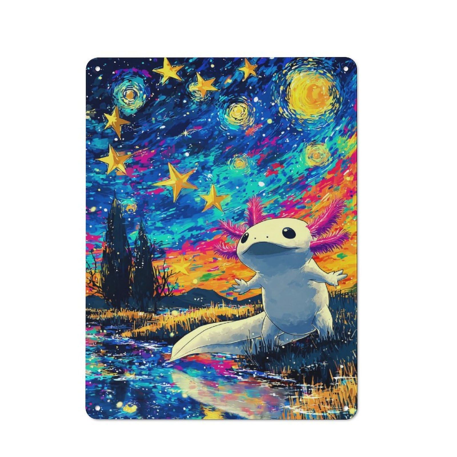 Junmoney Aquatic Axolotl In Starry Night Metal Wall Art Sign 40X30cm, Modern Retro Urban Room Decor For Modern Home, Workshop, Office Or Cafe