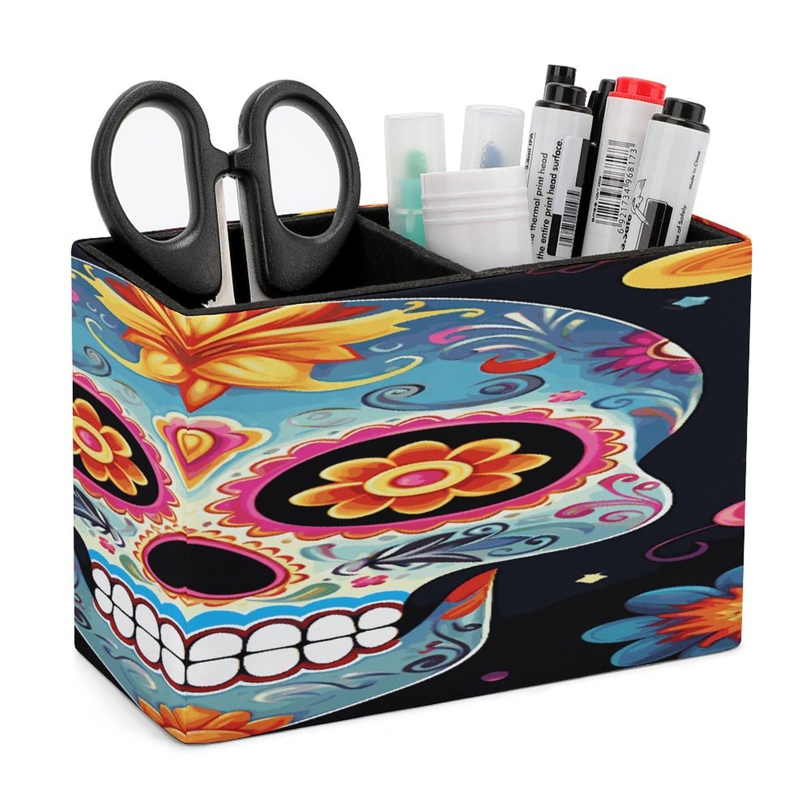 LDGSUPH Sugar Skulls Leather Pen Holder for Desk Organizer Caddy Large Pencil Cup Multi-function Pencil Holder Makeup Brush Holders Pen Organizer for Home Office Storage Box
