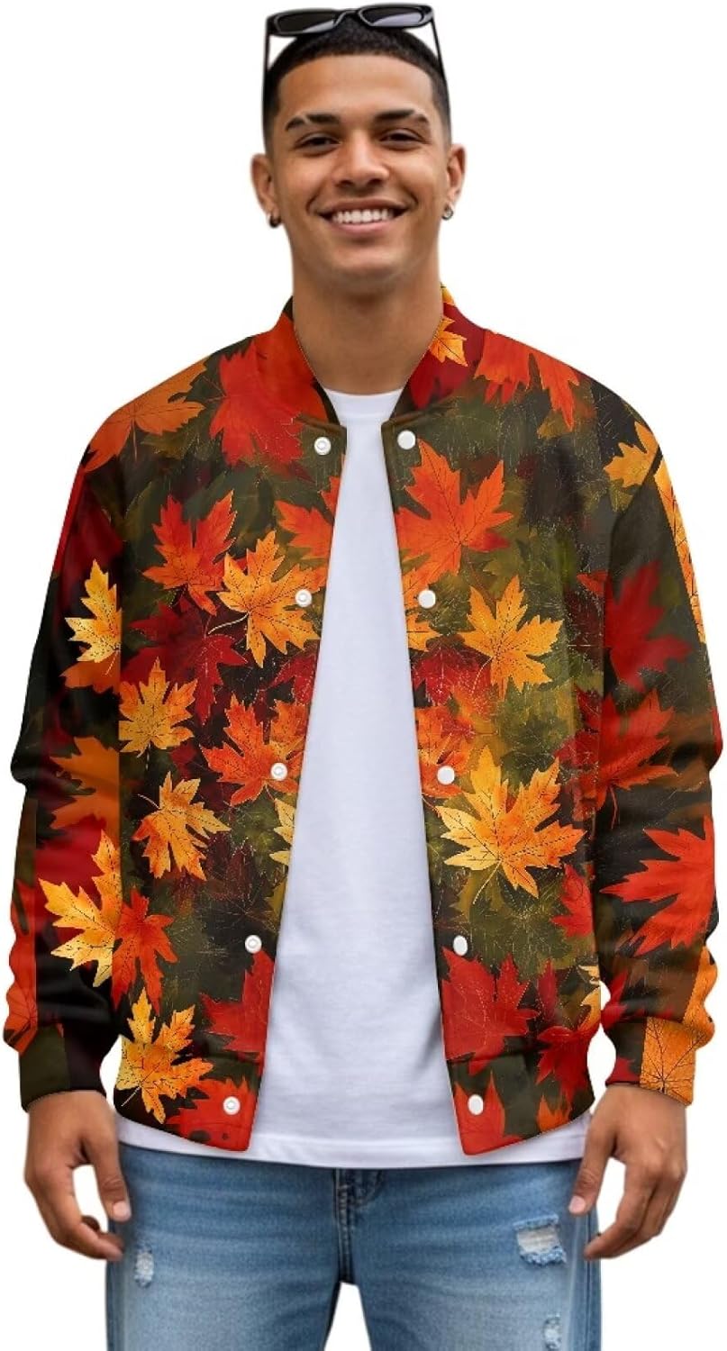 Mens Bomber Jacket Casual Graphic Slim Fit Jacket for Men Button Up Varsity Coat Long Sleeves Shirt