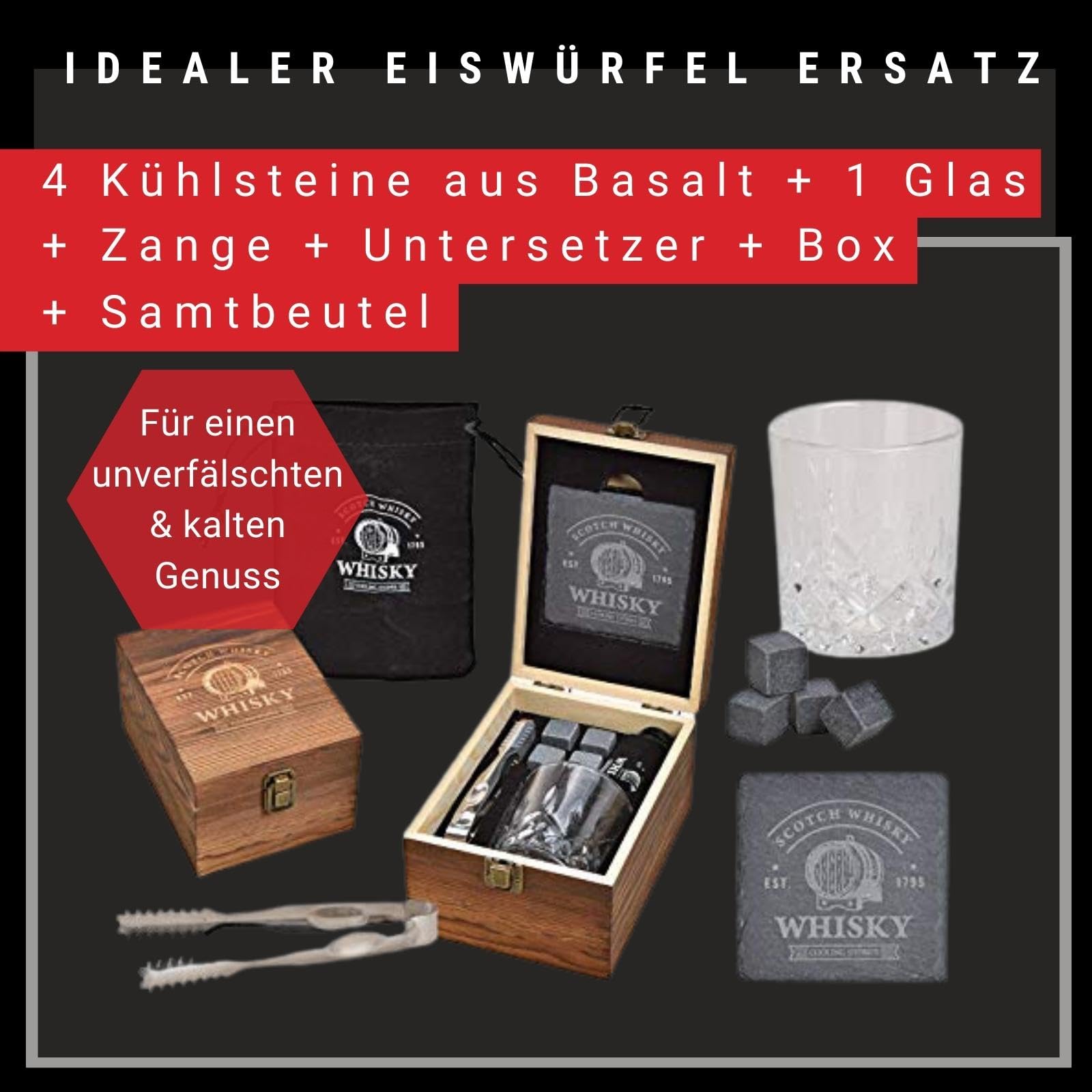 WOMA Whisky Steine Set I 4 Kühlwürfel inkl. Untersetzer, Edelstahlzange, Whiskey Glas & hochwertiger Holzbox I Wiederverwendbare Eiswürfel für Whiskey Wodka Gin Rum Tequila & Cocktails