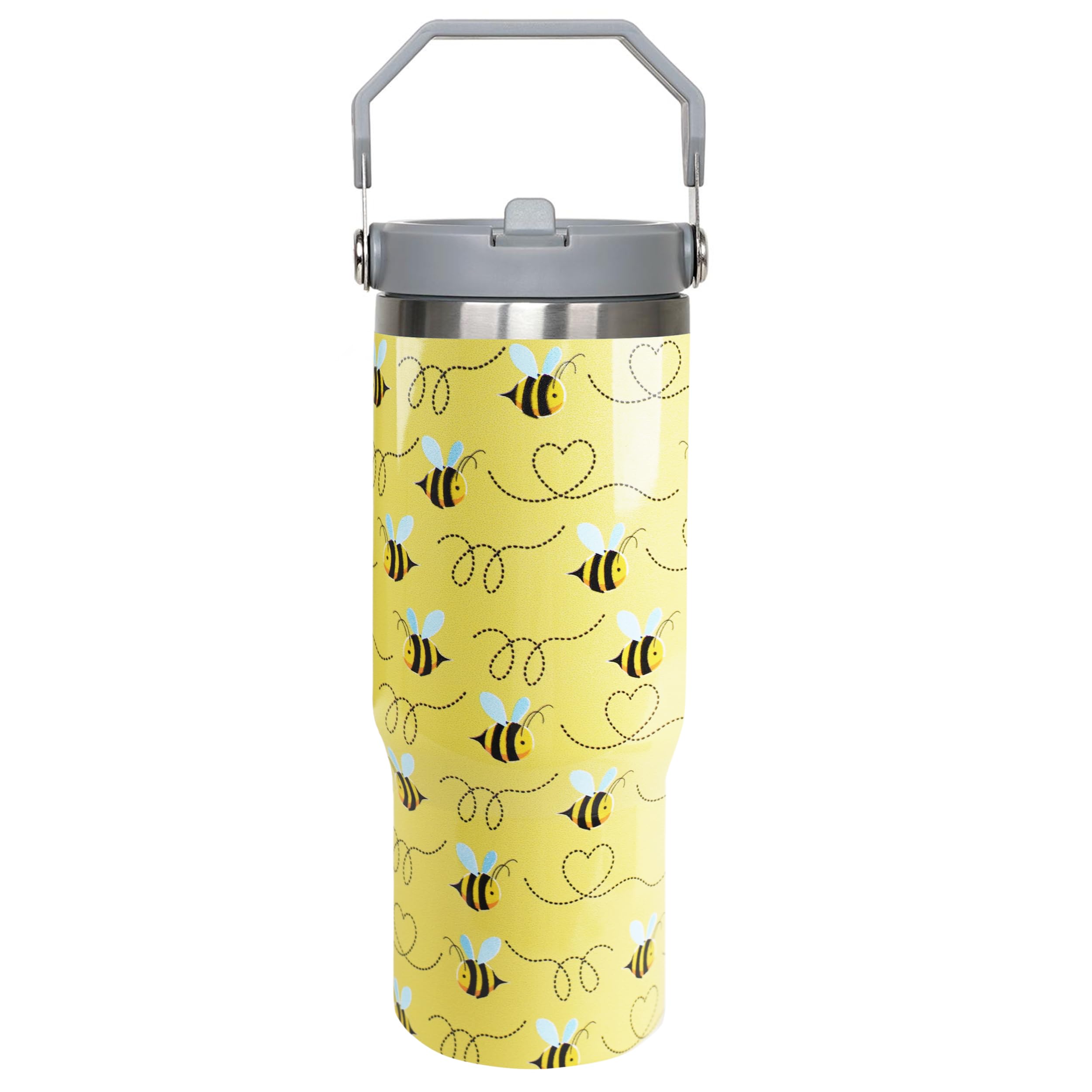 Bienenbecher mit Griff und Strohhalm, isoliert, auslaufsicher, Reise-Kaffeetasse, wiederverwendbarer Edelstahlbecher für Bienenliebhaber, Bienengeschenke für Damen, Herren, 850 ml