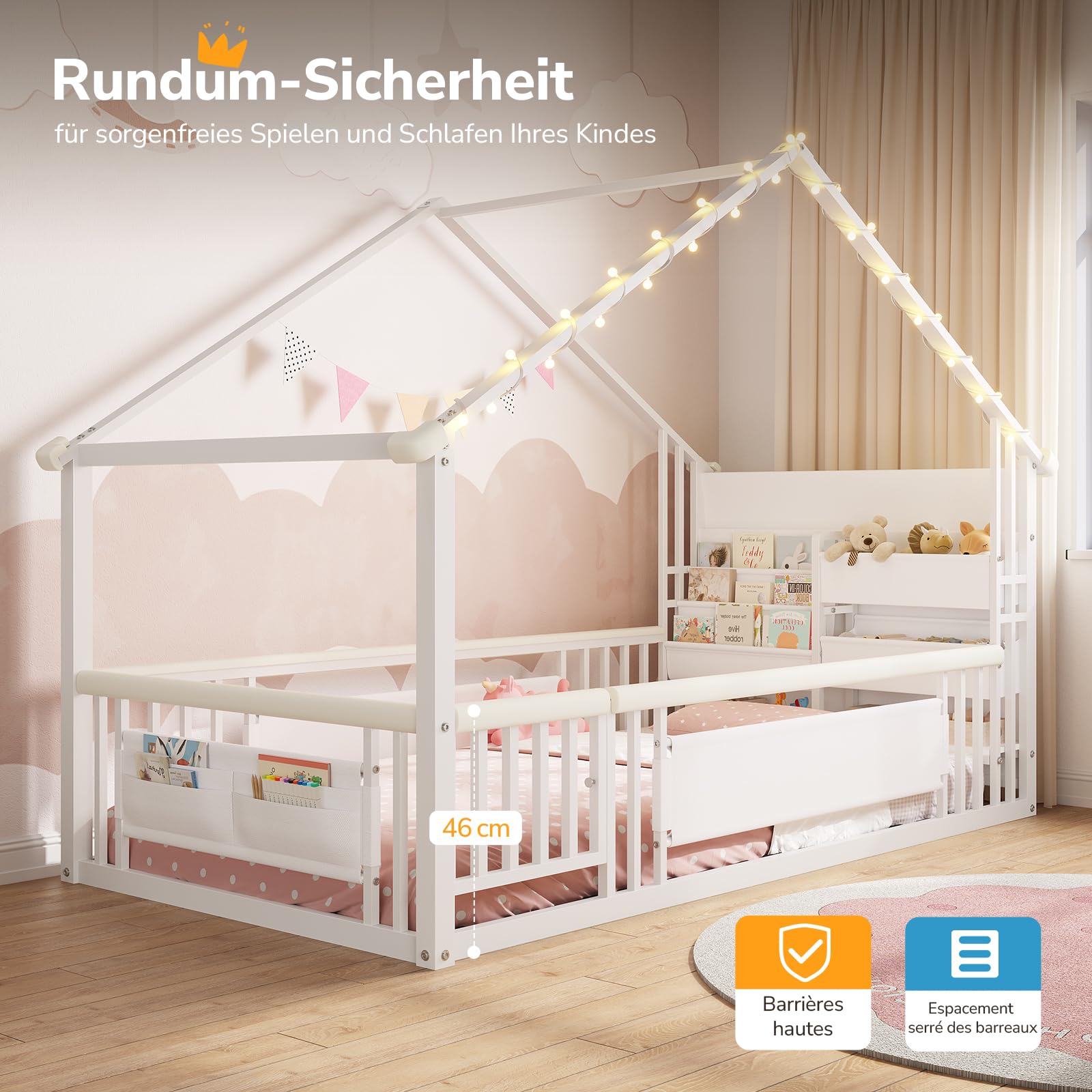 Hausbett 90x200 Metall nach Montessori mit LED, Weiß