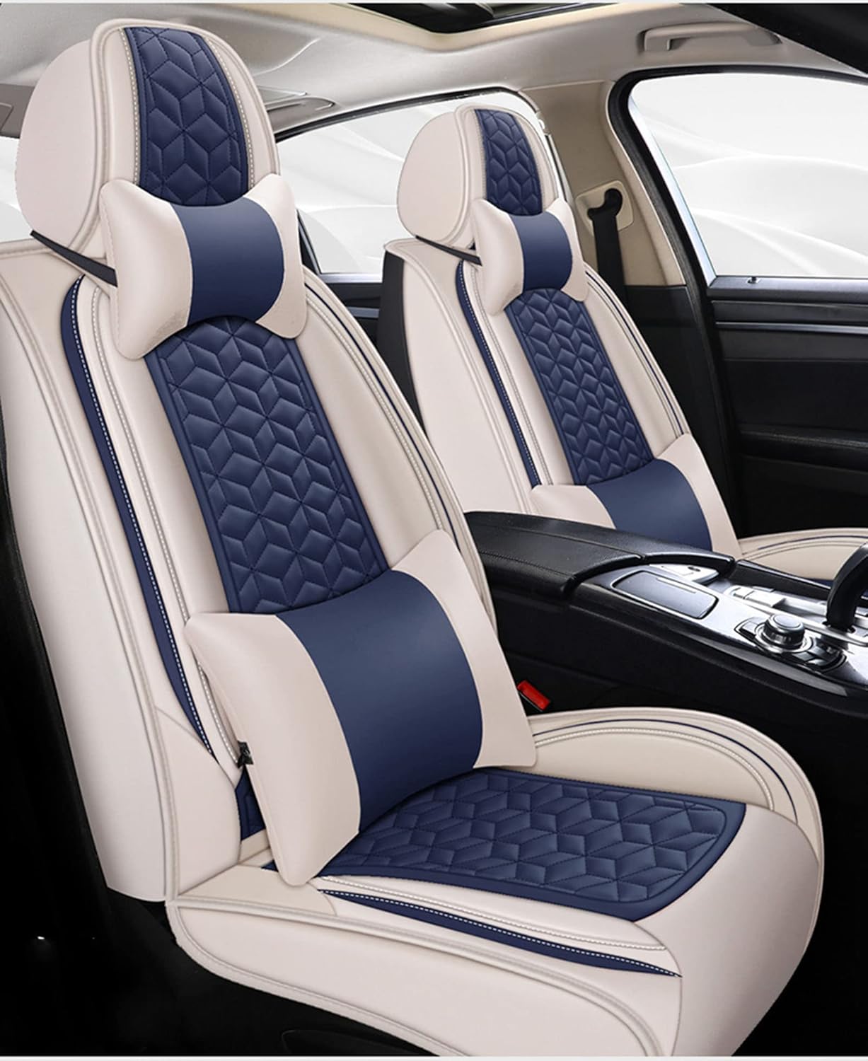 Full Set Universal Fit 5 Seats Car Waterproof Pu Leather Front Rear Car Seat Cushion Cover with Headrest Waist Support Pillows for Sedan or SUV,F