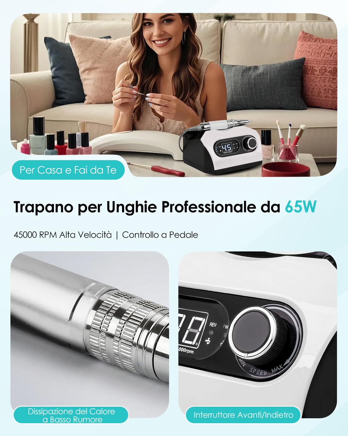 CozyZen Lima per Unghie Elettrica, Trapano Professionale a Filo con 35.000 RPM, Pedale, 6 Frese, Display LED e Controllo Velocità per Casa e Salon（Bianco）