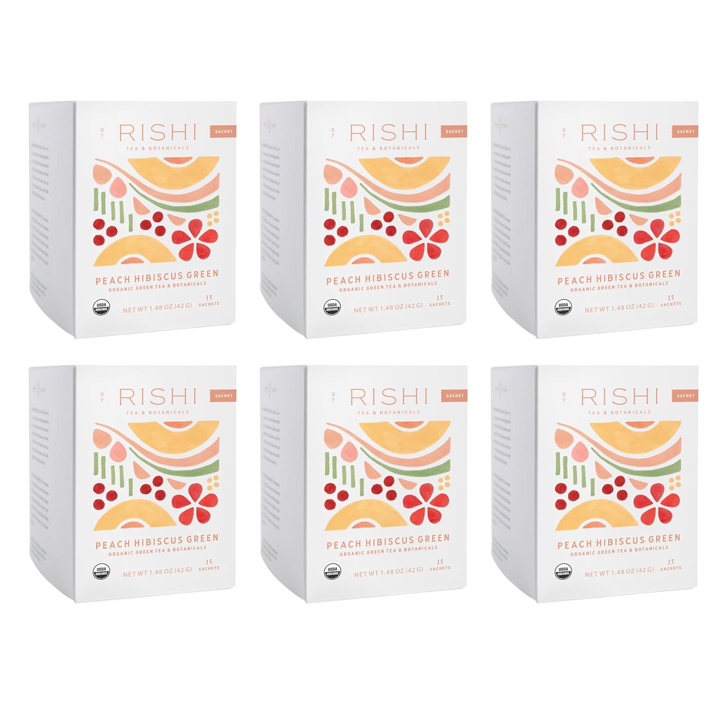 Rishi Tea Peach Hibiscus Green Houjicha Roasted Japanese Tea - Organic, Low Caffeine Sachet Bags with Hibiscus & Peach, Enjoy Hot or Iced - 15 Count (Pack of 6)