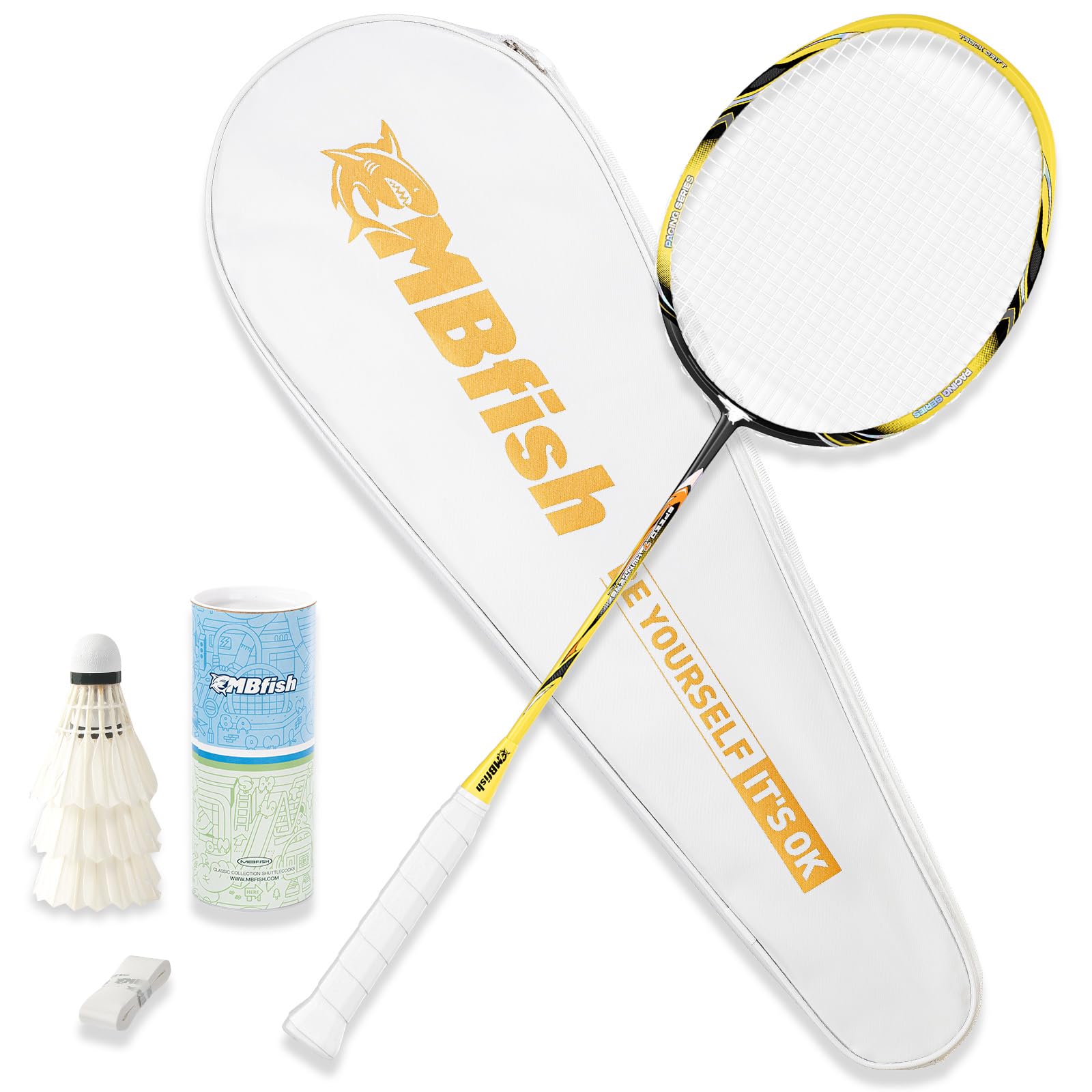 MBFISHBadminton Racket Set with 1 Carbon Fiber Racquet, 3 Shuttlecocks, 2 Replacement Grip Tapes and 1 Badminton Bag - Perfect for Outdoor Games and Gym 5U