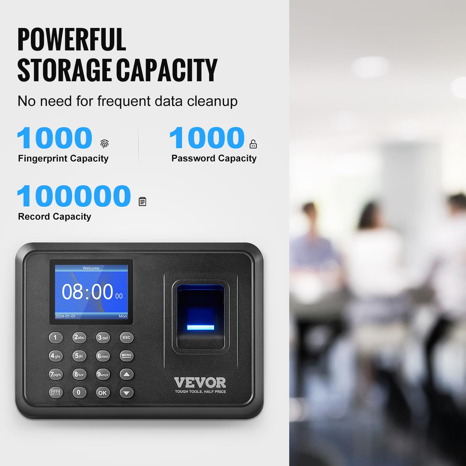 VEVOR Control Horario para Empleados Reloj de Fichar con Huella Dactilar y Entrada de Pin Reloj de Tiempo Biométrico Independiente Reloj de Registro de Tiempo 1000 Huellas Dactilares 12 Idiomas