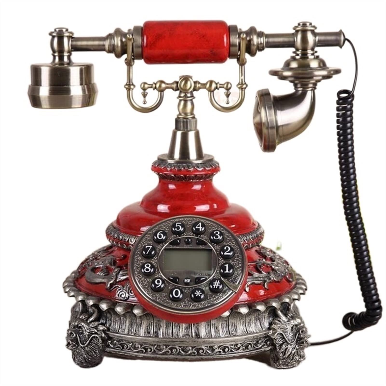 Telefon stacjonarny w stylu retro， Telefon przewodowy Retro z tarczą przycisków, lite drewno i metal, czerwony, do biura domowego