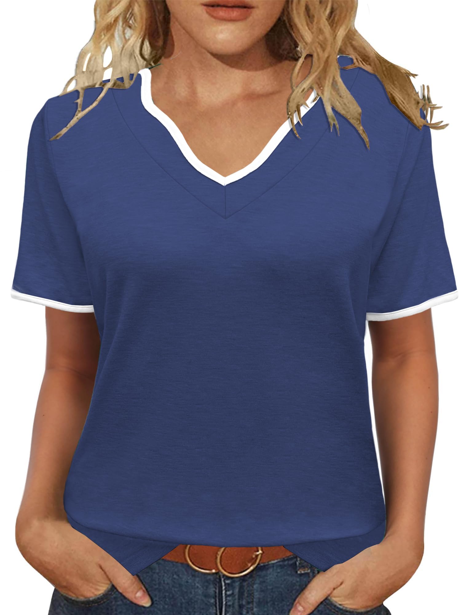 JomeDesign Womens Summer Tops Short Sleeve Color Block V Neck Shirts Loose Fit Casual Blouses