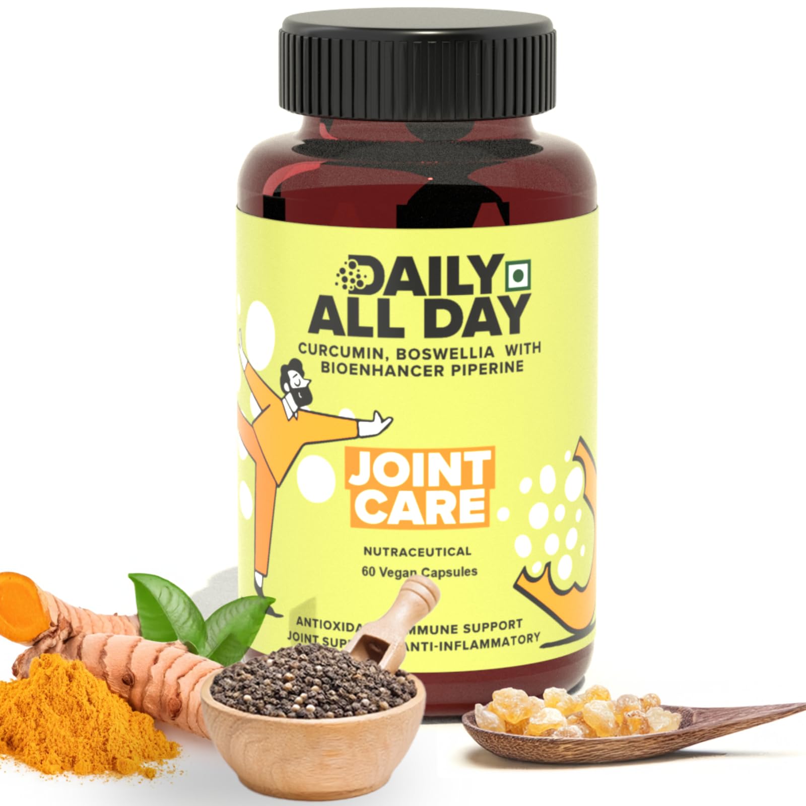 Daily All Day Joint Support Best Supplement, Curcumin with piperine Turmeric capsules with black pepper Boswellia serrata Curcumin capsules for senior citizens men women Joint pain relief products