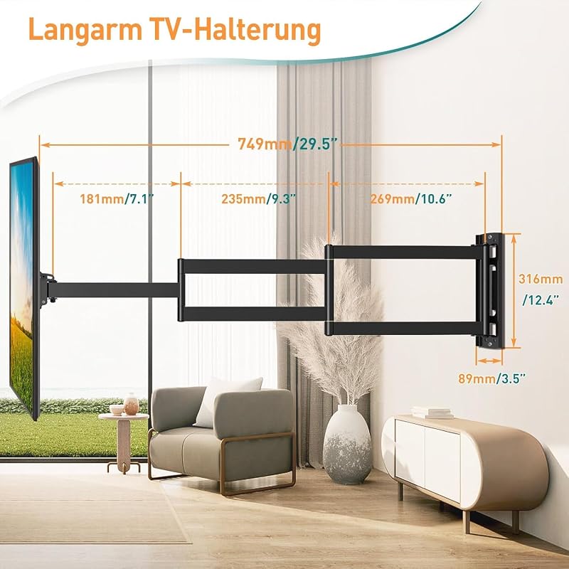 ELIVED EV3017 hosszú karos TV fali tartó 26-60 colos tévéhez, 749 mm nyújtható, max 35 kg