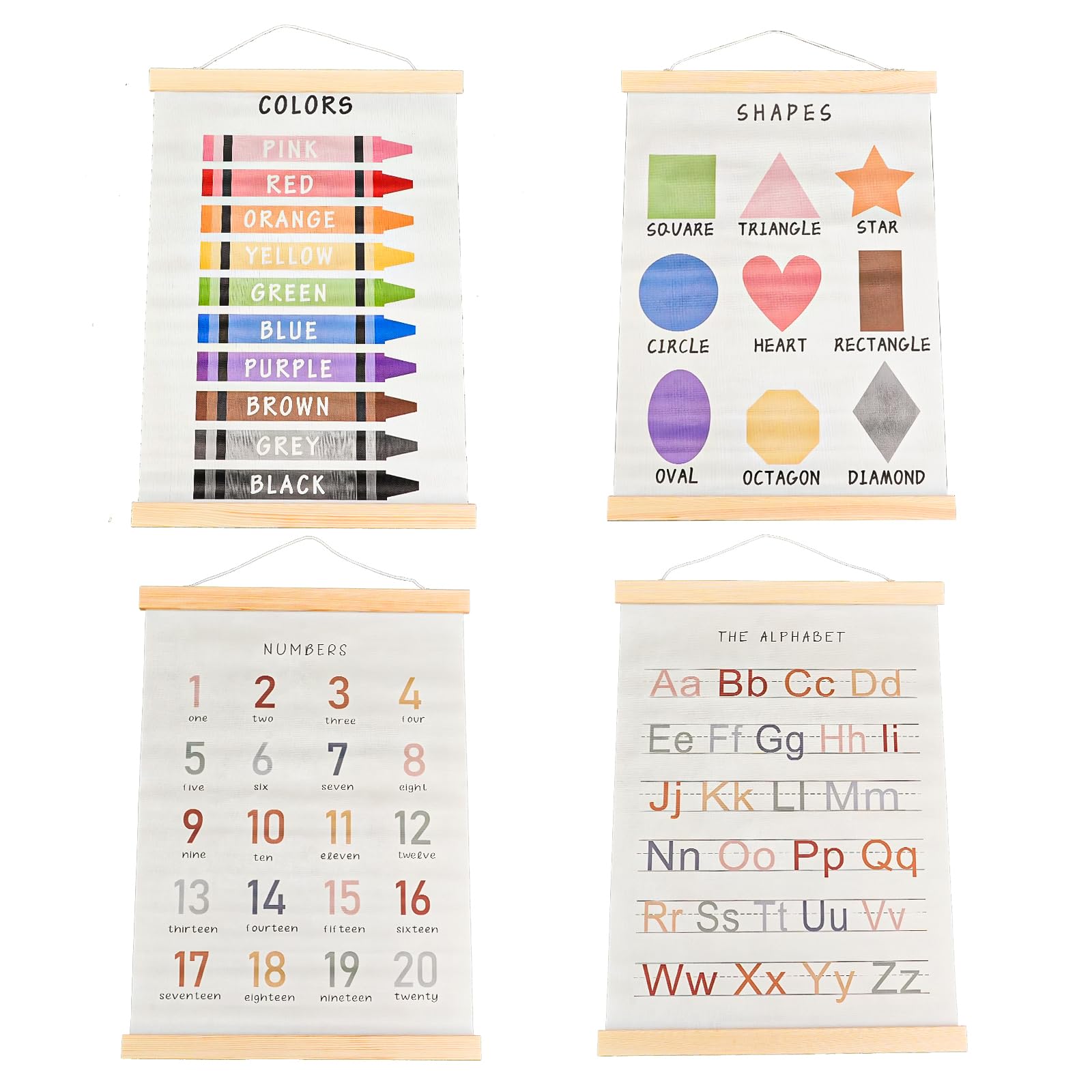 JINGIHE 4pcs Alphabet Numbers Geometry Wall Hanging Poster Decor, ABC 123 Educational Poster Hanger Frame Set, Learning Wall Art for Kids Room Nursery Classroom Home School Playroom(17×12in/44×31cm)