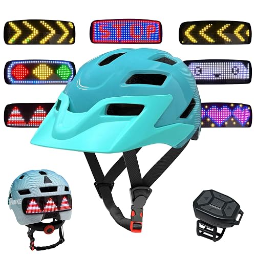 MOYACA Kids Bike Helmet with LED Lights, Remote Control Turn Signals Safety Helmet Back Light for Youth Mountain Cycling Scooter Skateboarding, Adjustable and Lightweight for Boys Girls, Blue