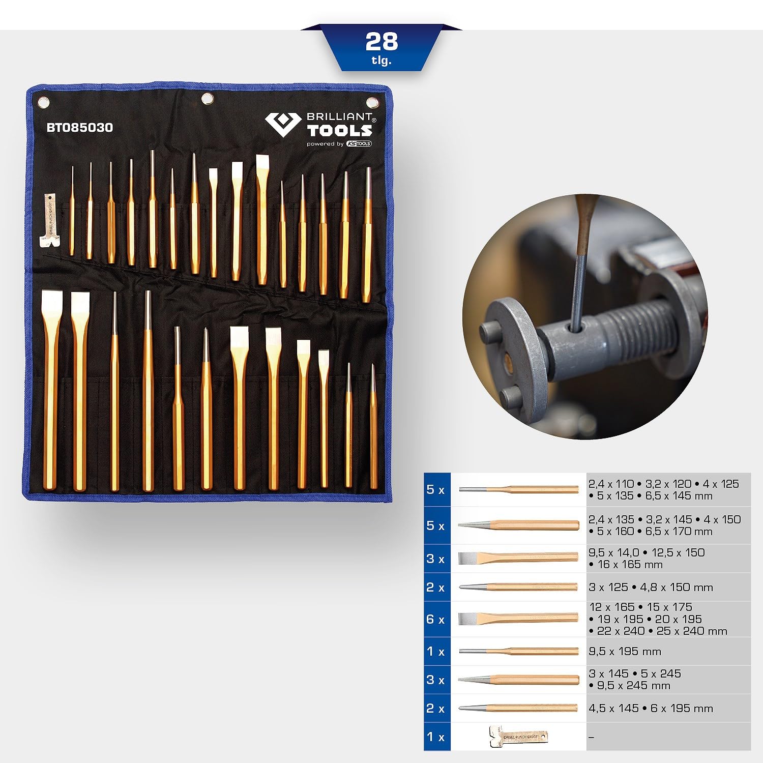 BRILLIANT TOOLS BT085030 Jeu de burins et de chasses, 28 pcs [Powered by KS TOOLS]