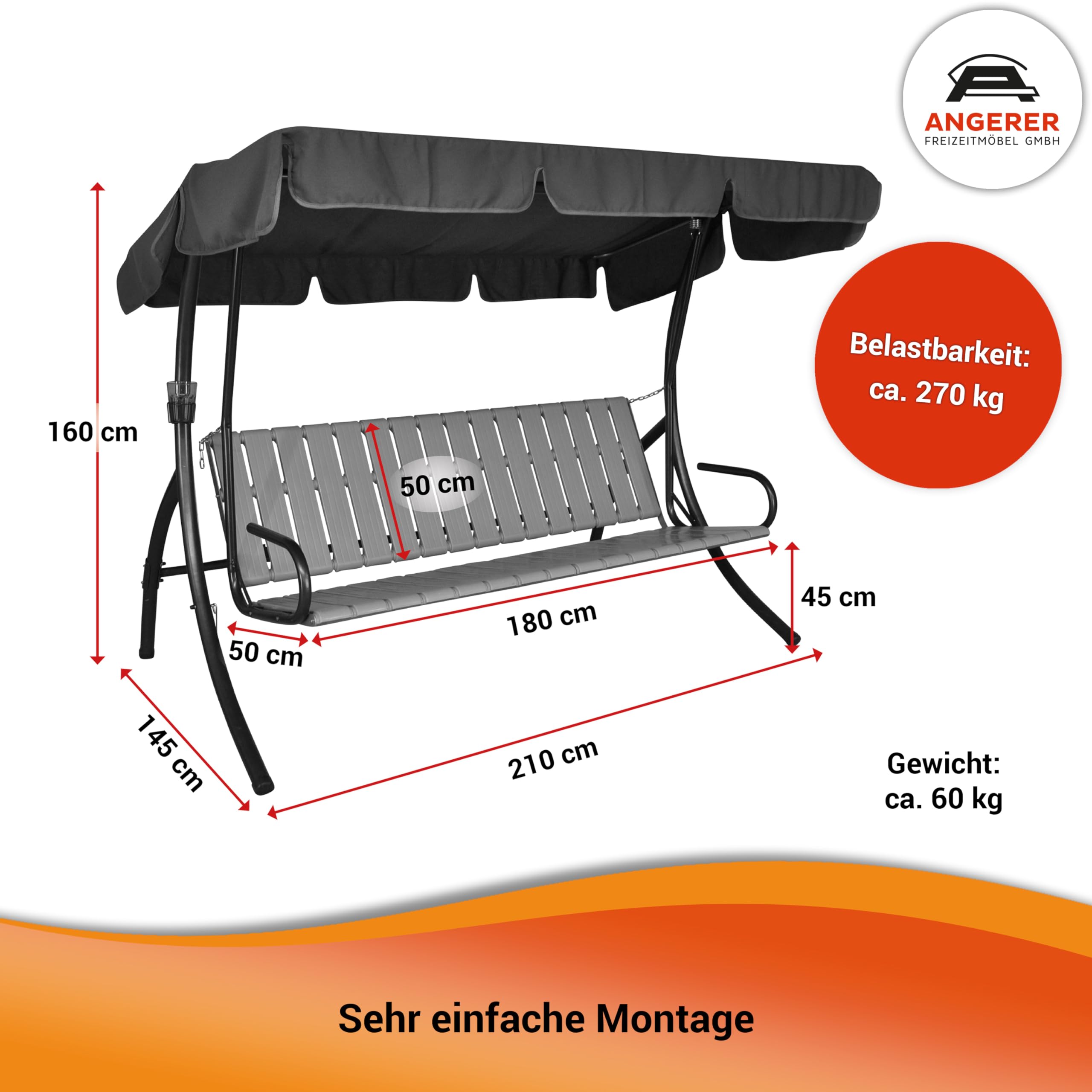 Angerer Balancelle de Jardin Ibiza, Balancelle 3 Places Convertible en Lit, Structure en Acier Galvanisé, Auvent Réglable, Capacité 270 kg, Made in Germany (Motifs Rouge-Terracotta-Beige)