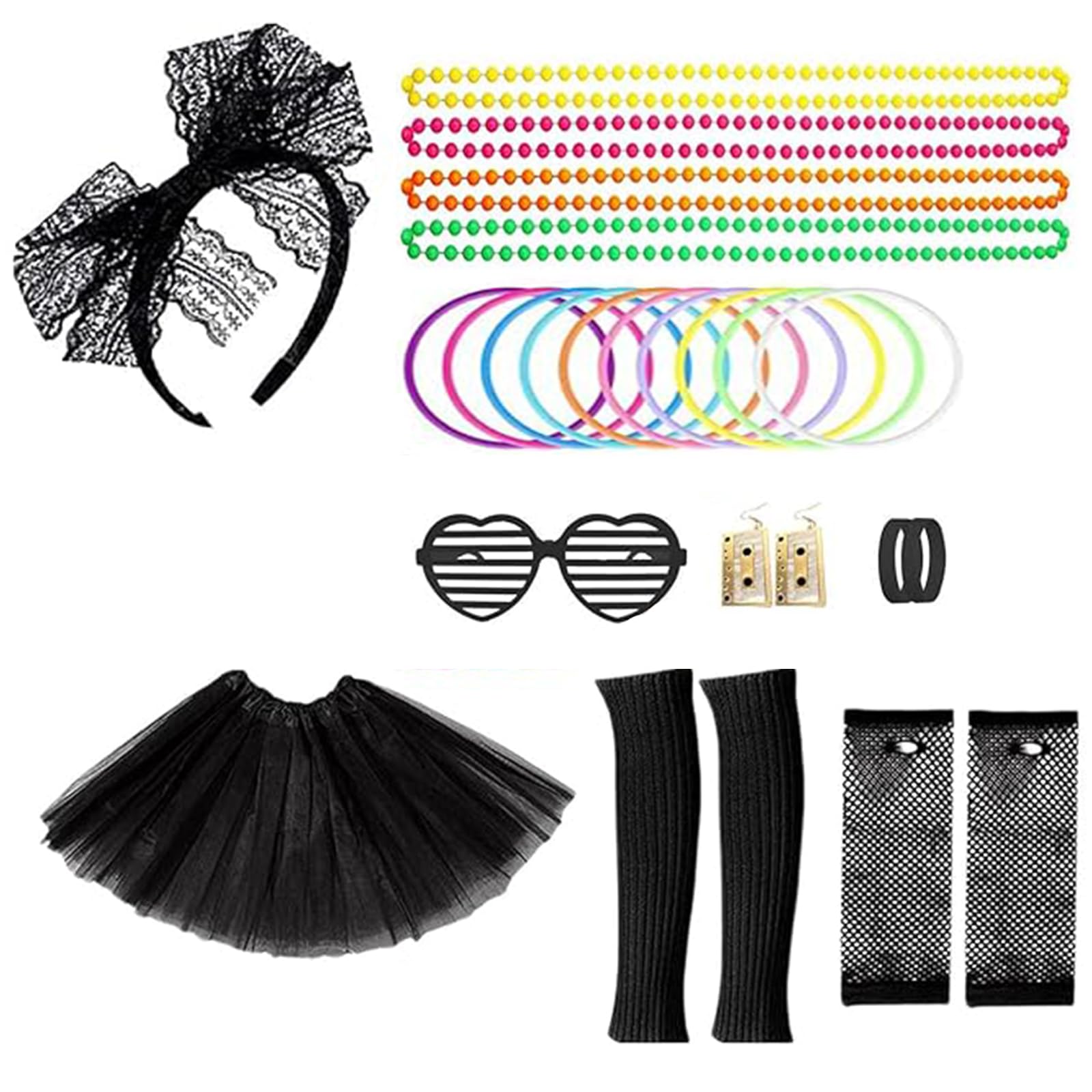 Zuzer 80s Fancy Dress for Women, 90s Party Costume Accessories Set Neon Accessories for Carnival Party