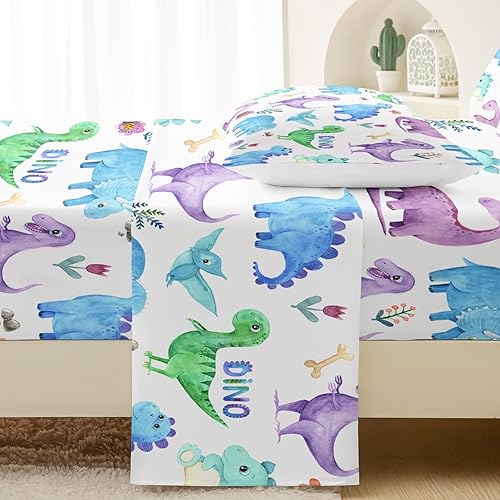 Miniatura 4 de QOOMO Juego de sábanas de dinosaurios de dibujos animados, tamaño individual, juego de sábanas para niños de dinosaurios Juras, ropa de cama con