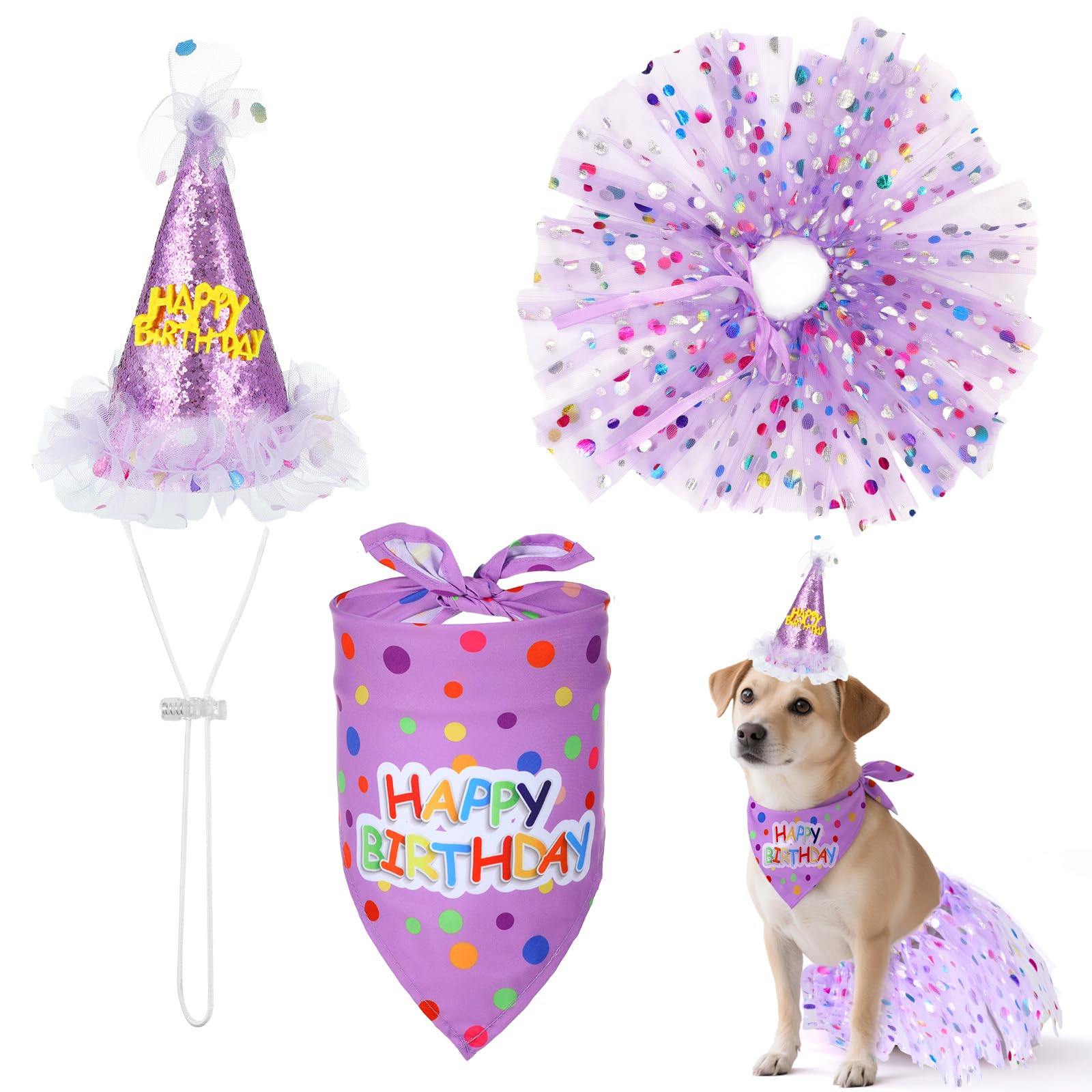 Dog Birthday Hat with Glitter Bandana Dress Set Puppy Birthday Party Supplies Cute Tutu Skirt Costume Outfit for